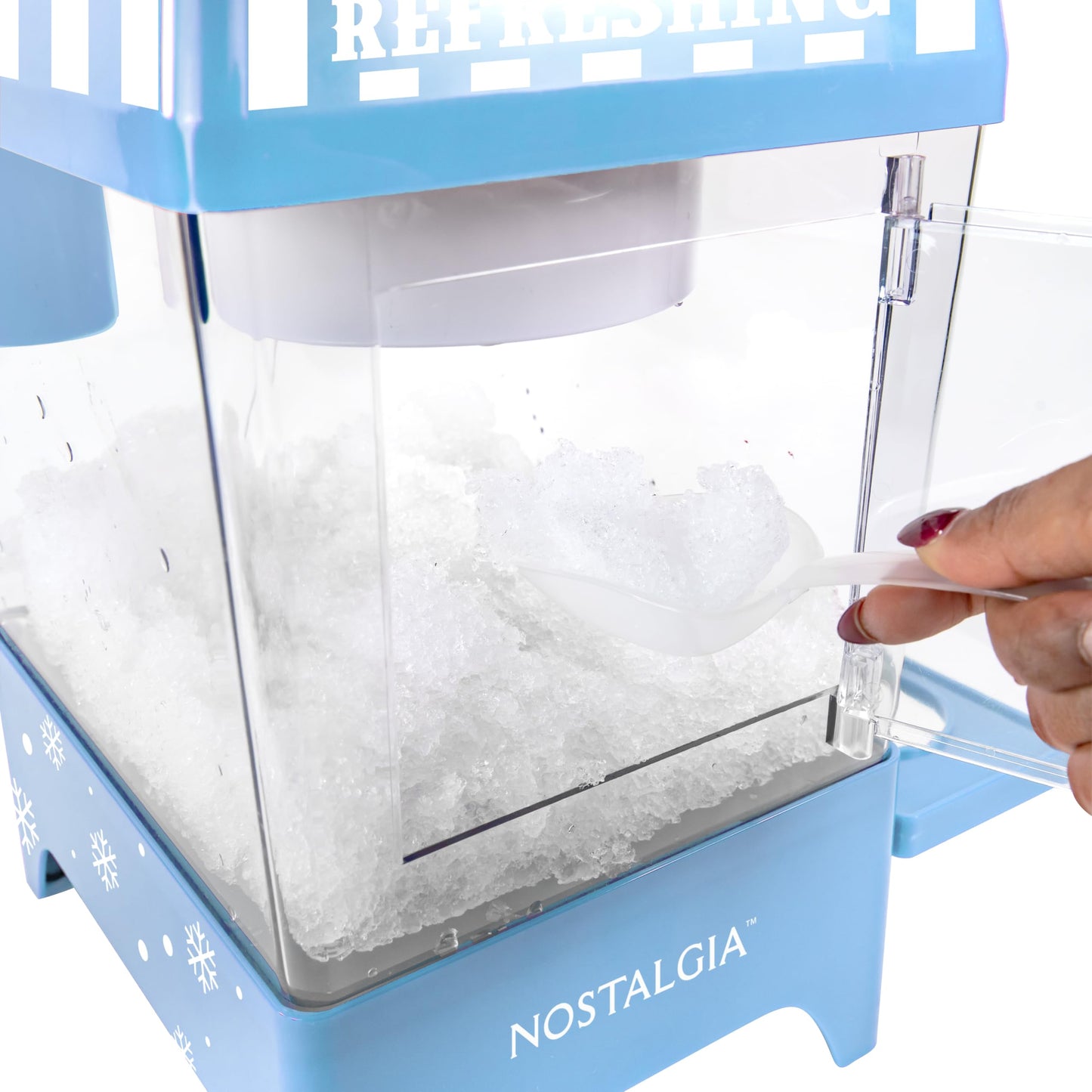 Nostalgia Snow Cone Machine – Retro Table-Top 8 Oz Snow Cone Maker Makes 20 ICY Treats– Countertop Slushie Machine Includes 2 Reusable Plastic Cups & Ice Scoop-Vintage Blue