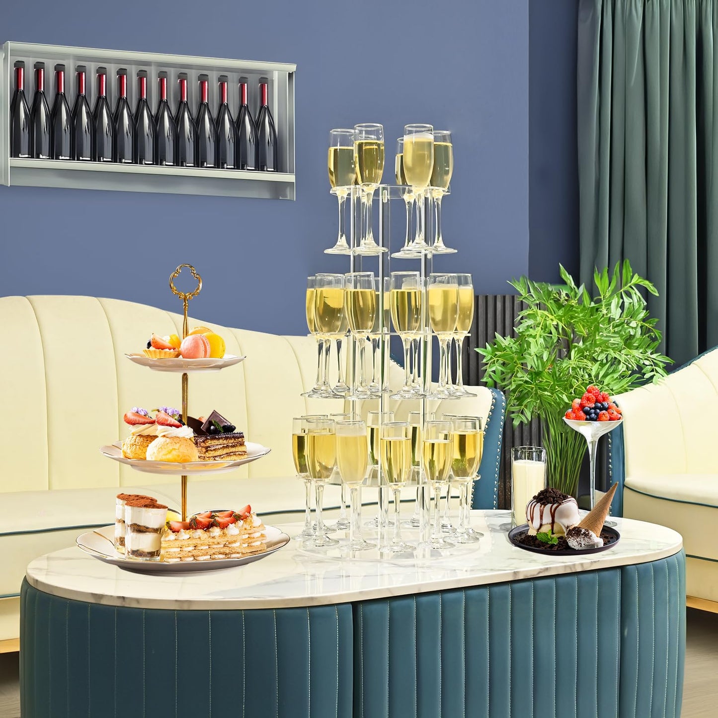 Laumffon Champagne Tower, Circle Acrylic Champagne Display Rack Stand with 28 Slots, 3 Tier Floating Sight Champagne Flute Holder for Party, Wedding, Celebration, 13.4x13.4x25.5 inch