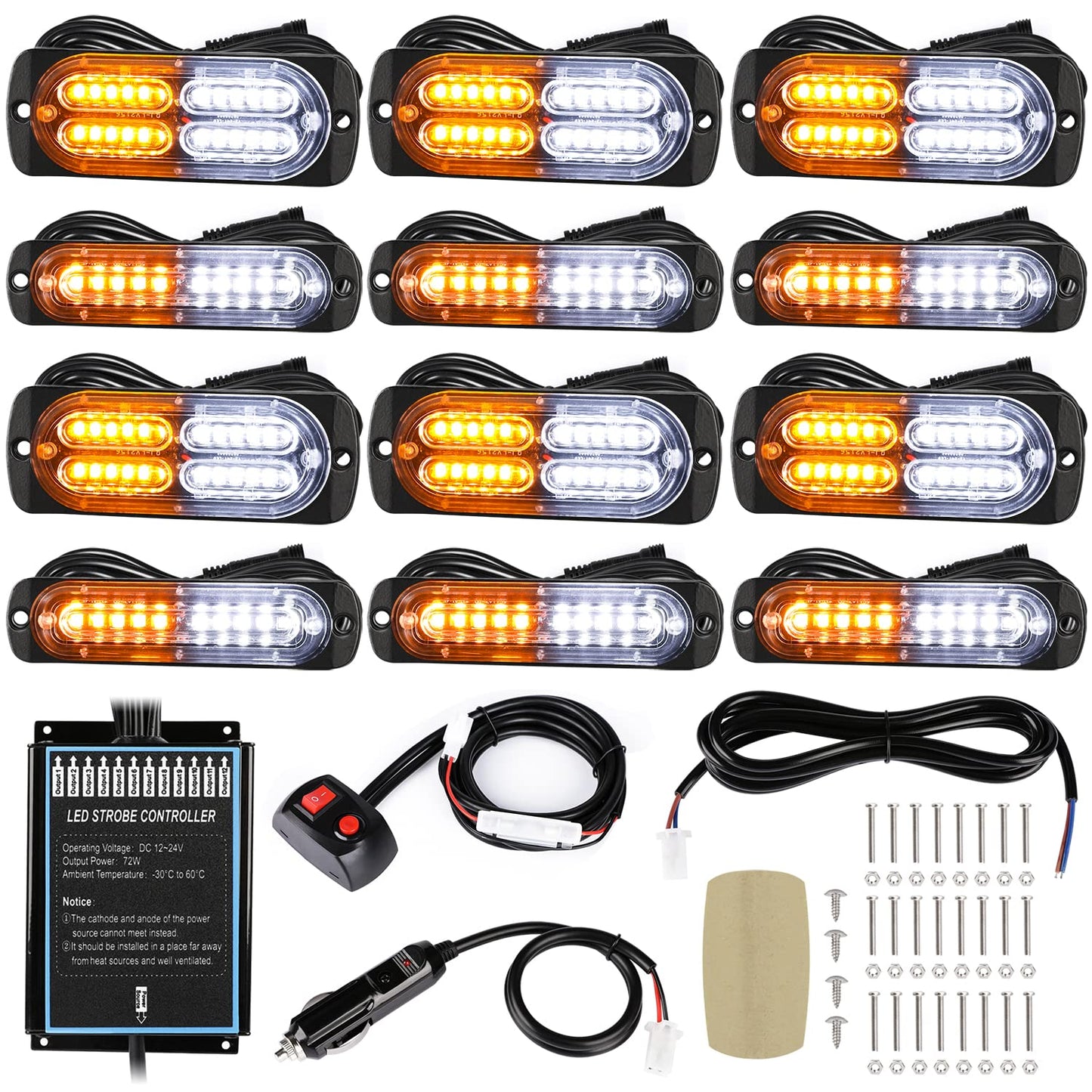 LINKITOM 12pcs Ultra Slim Sync Feature Surface Mount LED Emergency Beacon Hazard Warning Flashing Strobe Lights with Waterproof Controller and Long Heavy Cable for Car Truck Vehicle, Amber/White