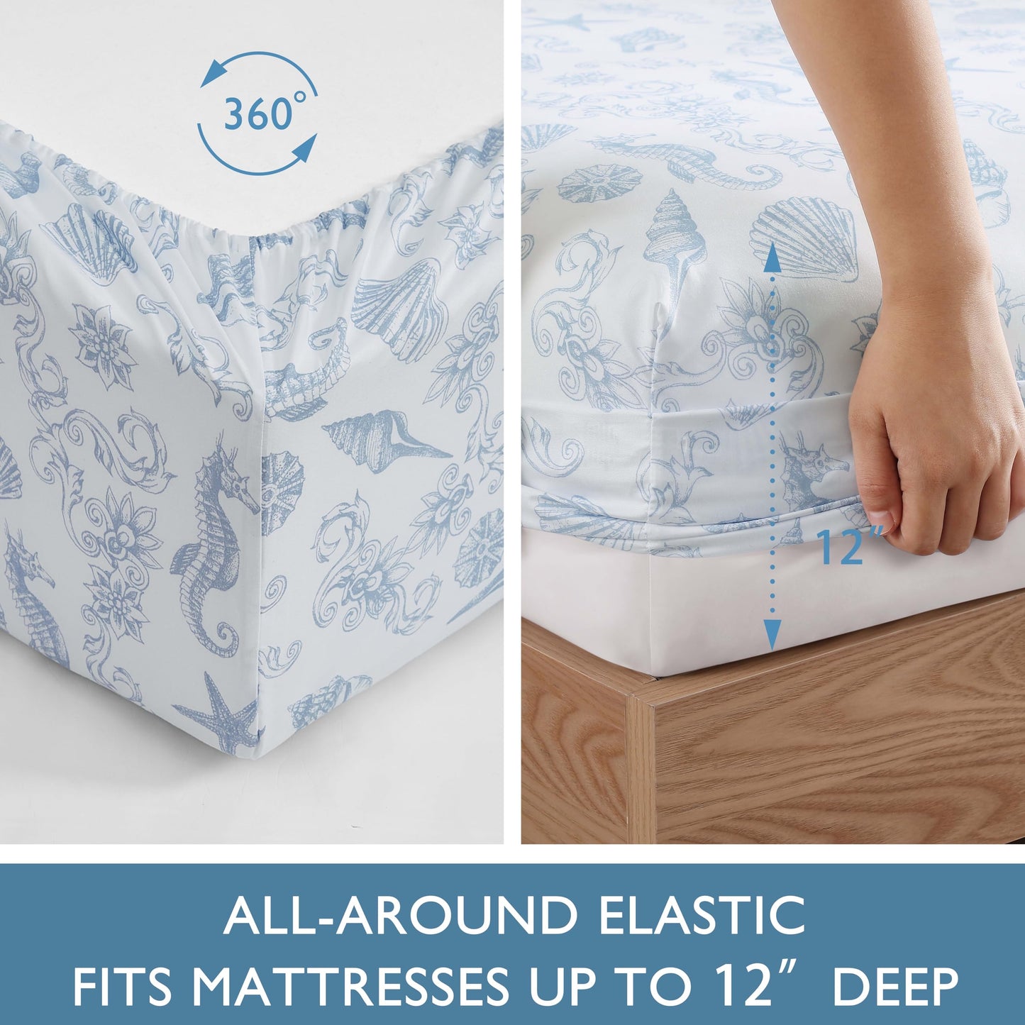Caribbean Joe Coastal Print Microfiber Sheet Set, Soft, Comfy, 12" Deep Pockets, 4-Piece Full, Coastal Brocade