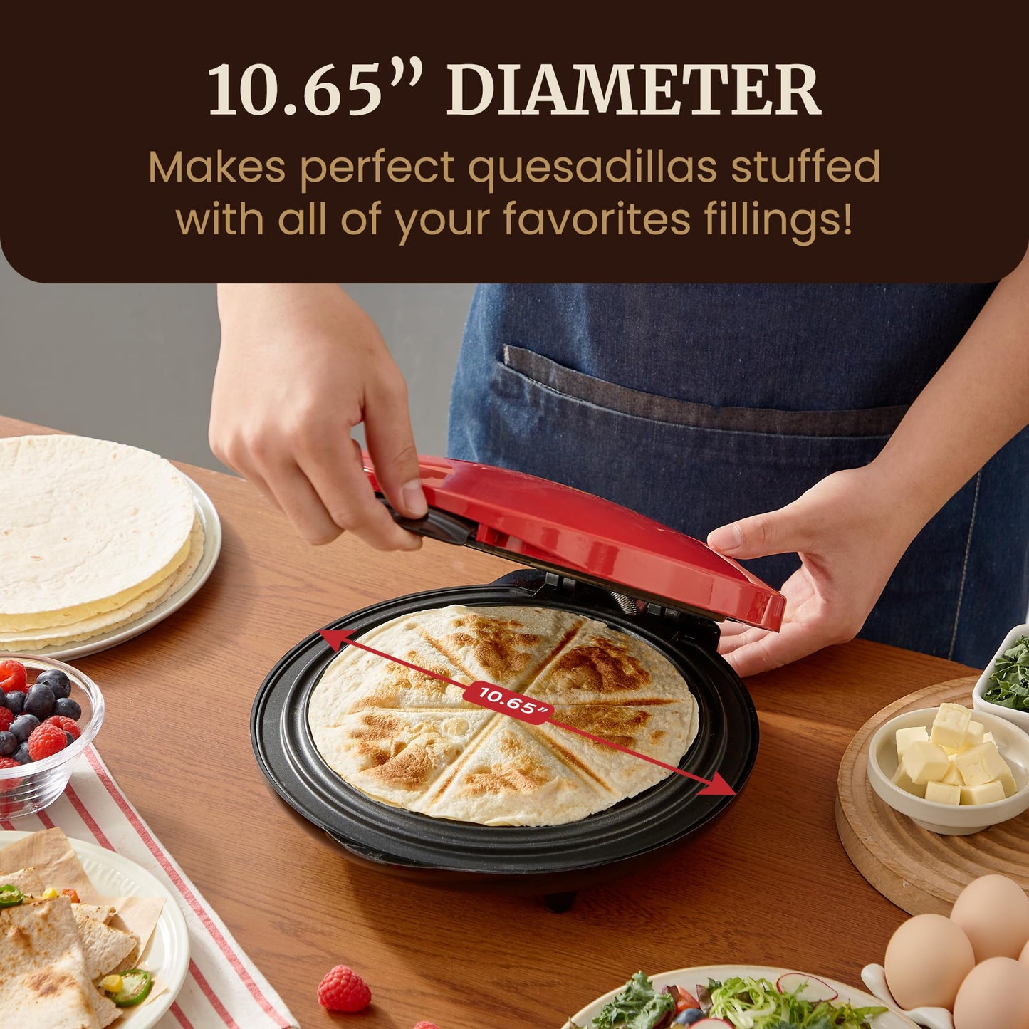 Elite Gourmet 10.65" Cheesy Quesadilla Maker, 2-Position Locking Latch For Extra Stuffing, Easy-Slice 6-Wedge, Red