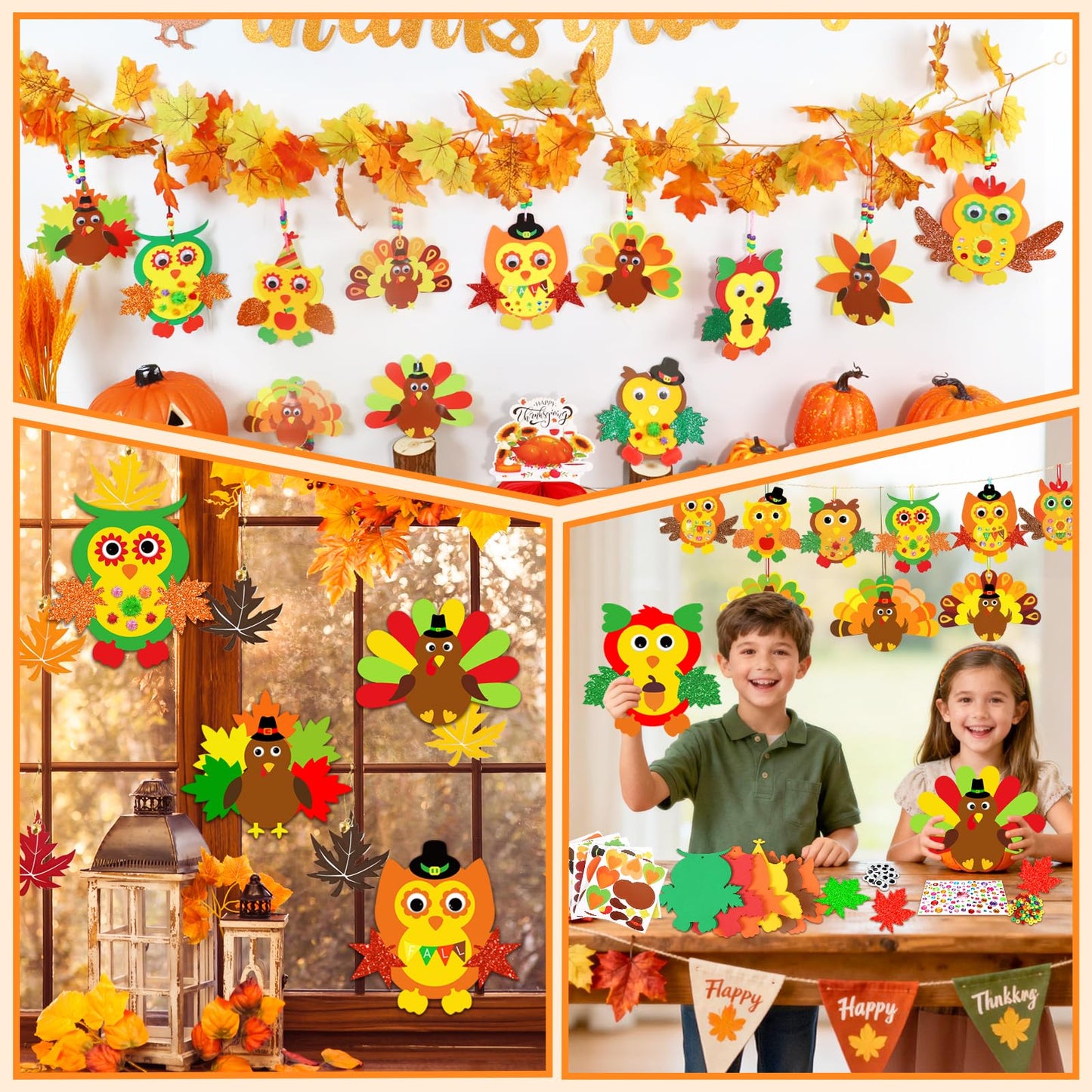 230Pcs Thanksgiving Crafts for Kits 24 Sets Funny Fall Crafts for Kids Include Thicker Turkey Owl Foam Cards Glitter Thanks giving Stickers and All Accessories for Kids Adults Thanksgiving Decorations