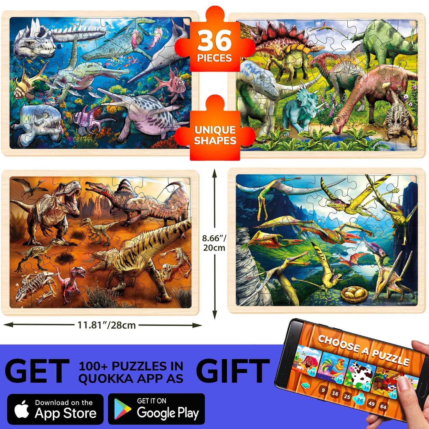 QUOKKA 4x36 Dino Puzzles for Kids Ages 4-6 - 36 Pieces Realistic Wooden Montessori Toddler Puzzles for Ages 3-5