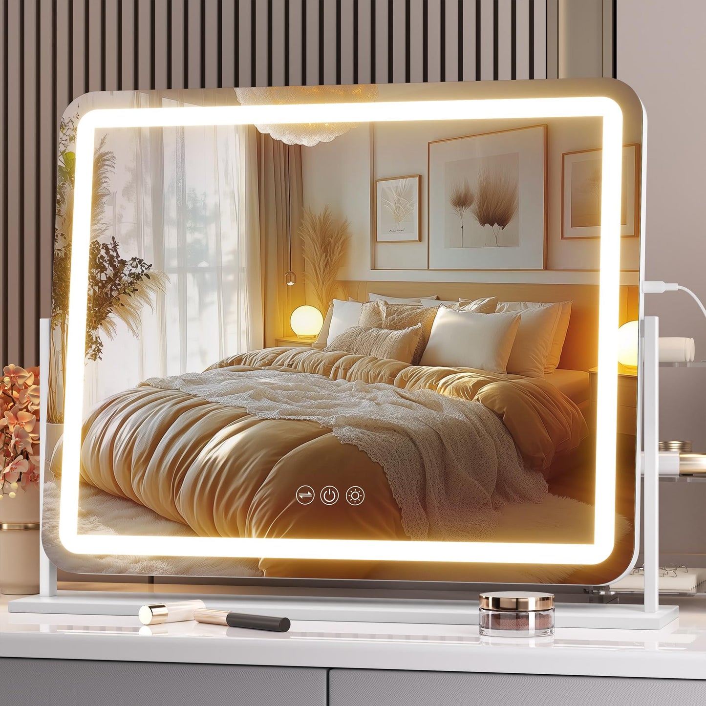 Hasipu Vanity Mirror with Lights, 24" x 20" LED Makeup Mirror, Light up Mirror with Smart Touch 3 Colors Dimmable, Brightness Adjustment, 360° Rotation (White)