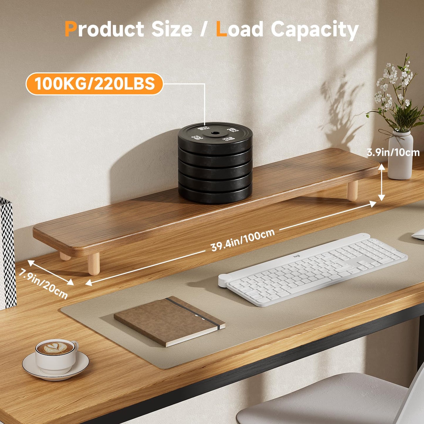 Dual Monitor Stand Riser, 39 Inch Extra Long Wooden Desktop Monitor Riser with Storage for 2 Monitors Ultra Strong Desk Shelf Organizer Riser Ergonomic for 2 Screens/Laptop/PC/TV/Printer (Walut brown, 39inches)