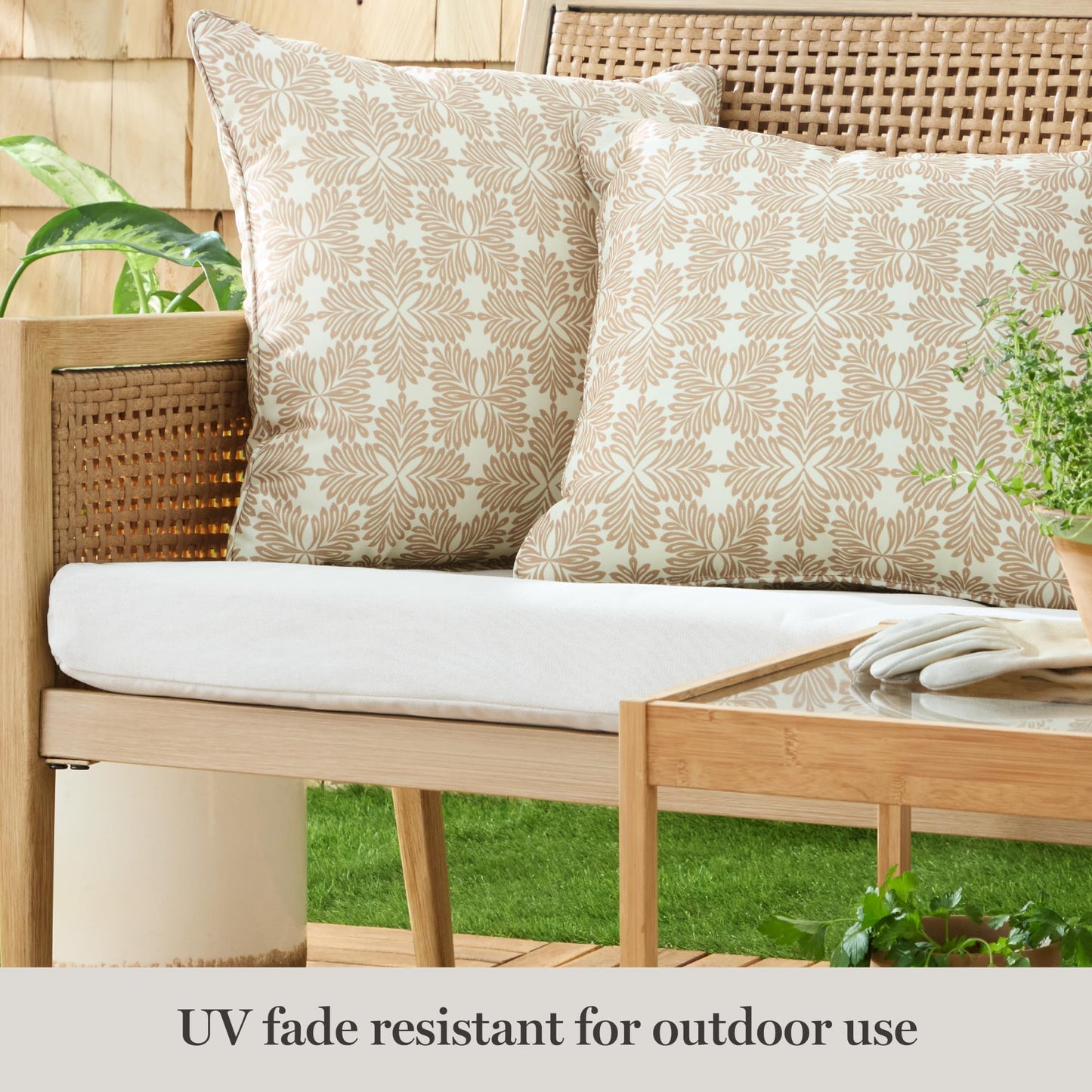 Martha Stewart Tulum Indoor Outdoor Decorative Pillow 2-Pack Set, UV Fade Resistant, Water Repellent, Printed Modern Design, Taupe, 18"x18"