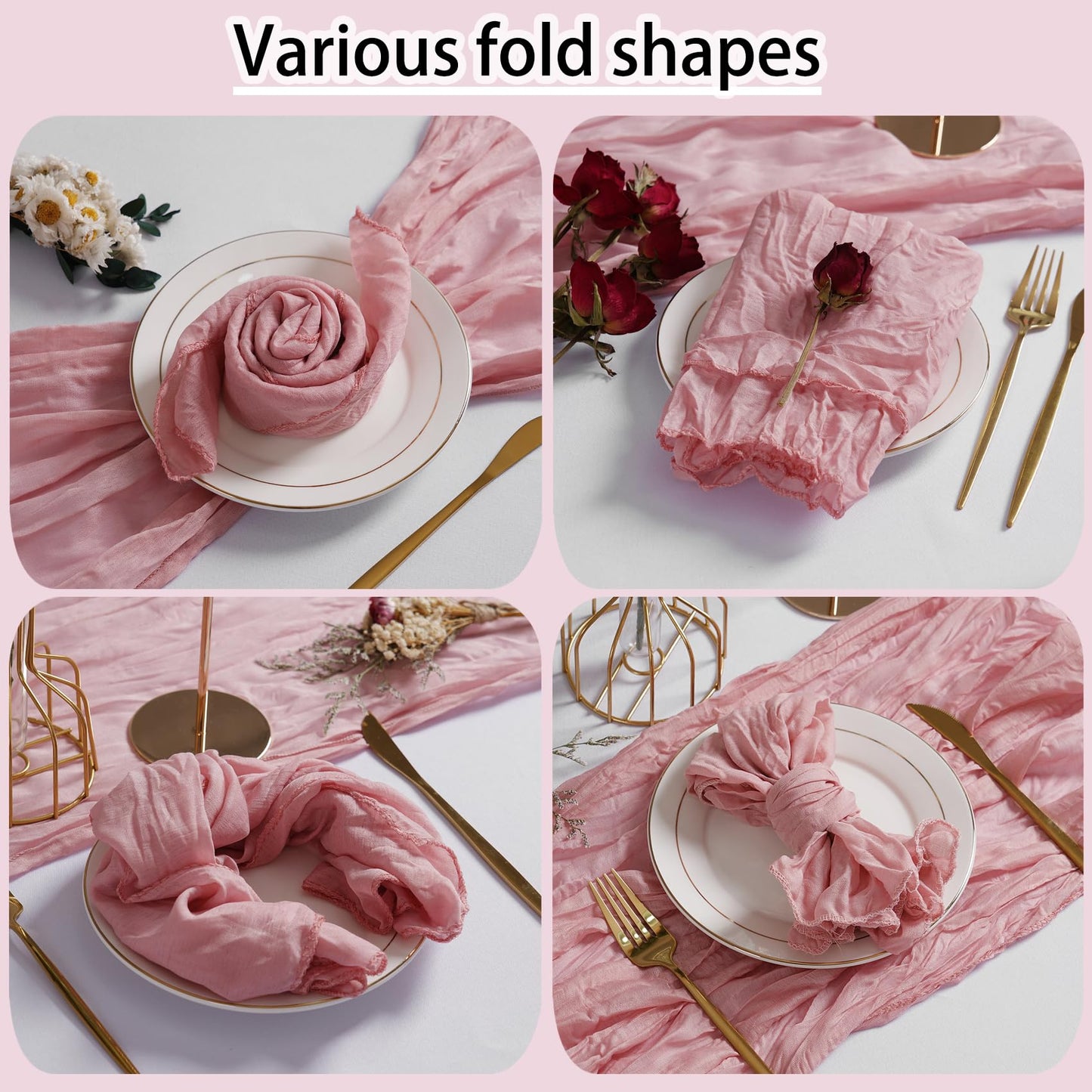 LZY 60 Pack Gauze Cheesecloth Napkins 20x20 Inch Dinner Cloth Napkins, Soft Boho Table Napkins Rustic Wrinkled Cheese Cloth Napkins Bulk for Wedding Party Baby Shower Event Decor (Dusty Pink)