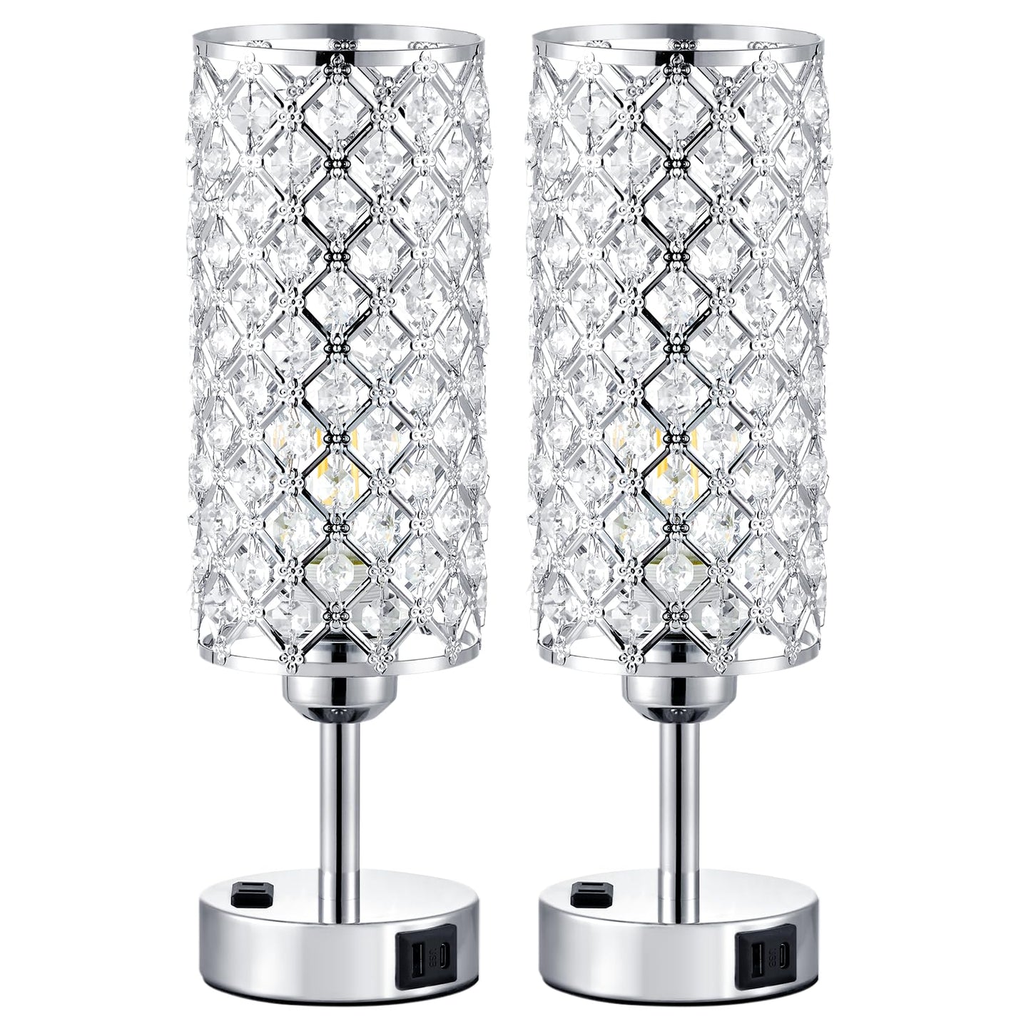 Crystal Lamp Touch Control Set of 2, Sliver Crystal Table Lamps with USB C+A Ports & AC Outlet, 3-Way Dimmable Nightstand Touch Lamp, Modern Bedside Table Lamp for Bedroom(Bulbs Included)