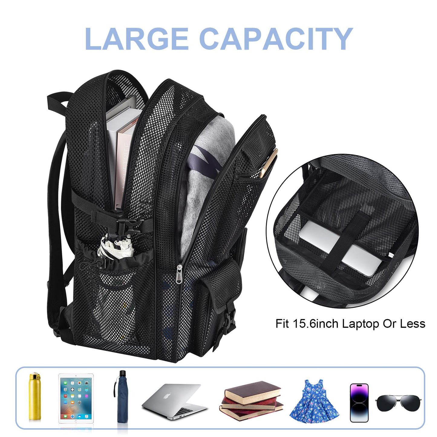 Mesh Backpack for School, 36L Large Heavy Duty Mesh Backpacks for Adults Girls Boys Kids with Inner Laptop Compartment, Mesh Schoolbag for Outdoor Hiking Beach
