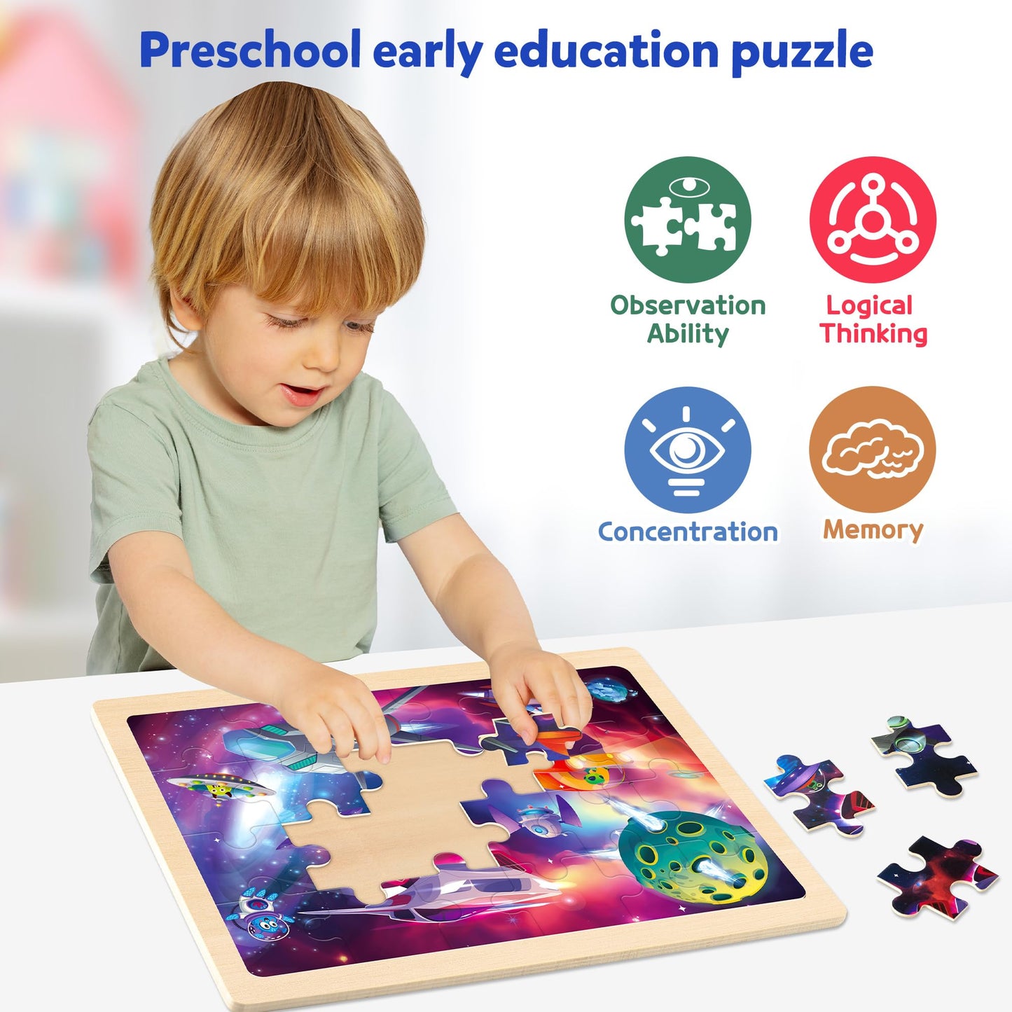 SYNARRY Wooden Space Planets Solar System Puzzles for Kids 3-5, 4 Packs 24 PCs Jigsaw Puzzles for Kids Ages 4-6, Preschool Toys Gifts for Kids, Wood Puzzles for 3 4 5 6 Year Old Boys Girls
