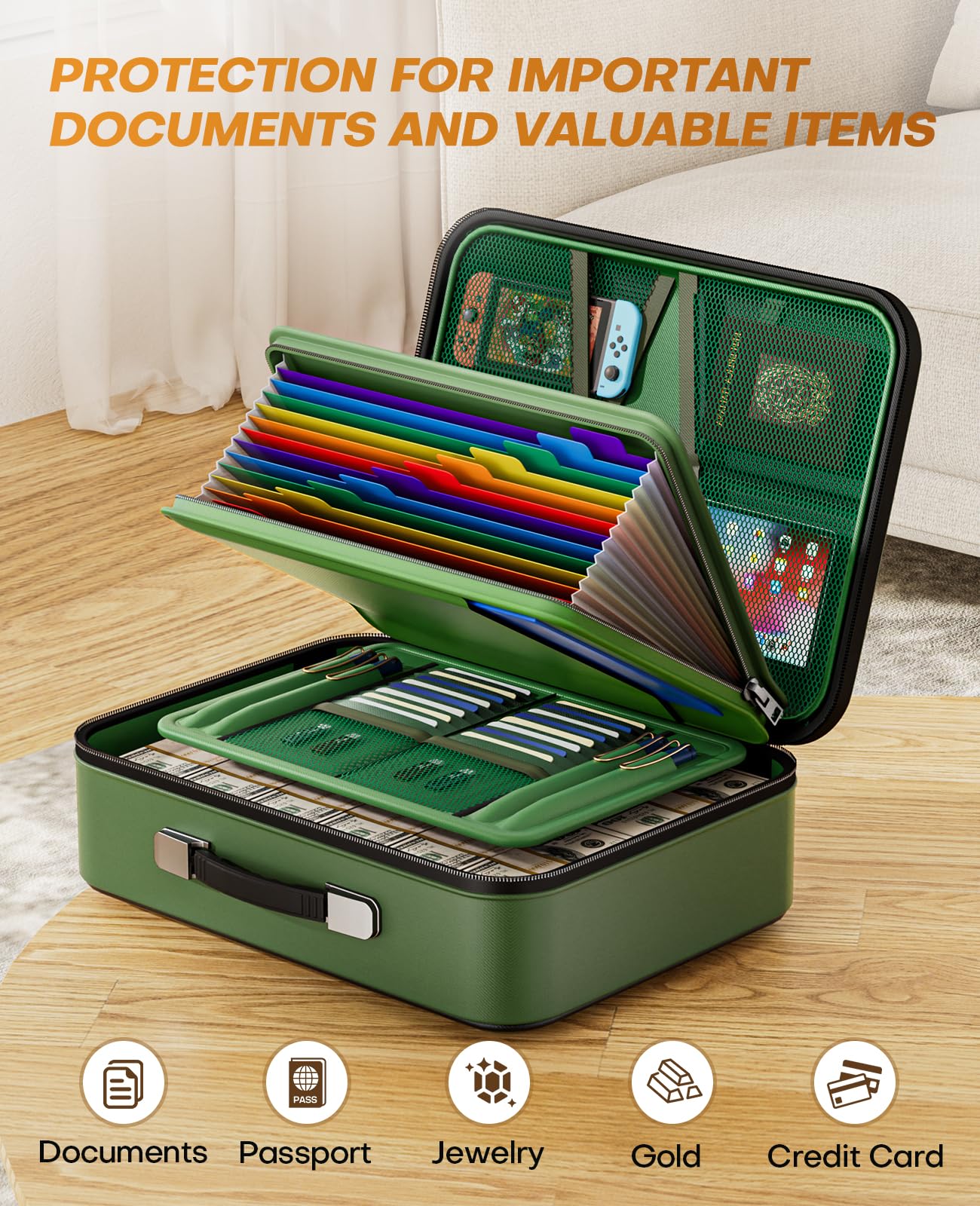 Honlunu Fireproof Document Box, Hard Case Fireproof Document Organizer with Lock, Water Resistant Safe Box for Important Documents Certificates Laptop Passports, Green