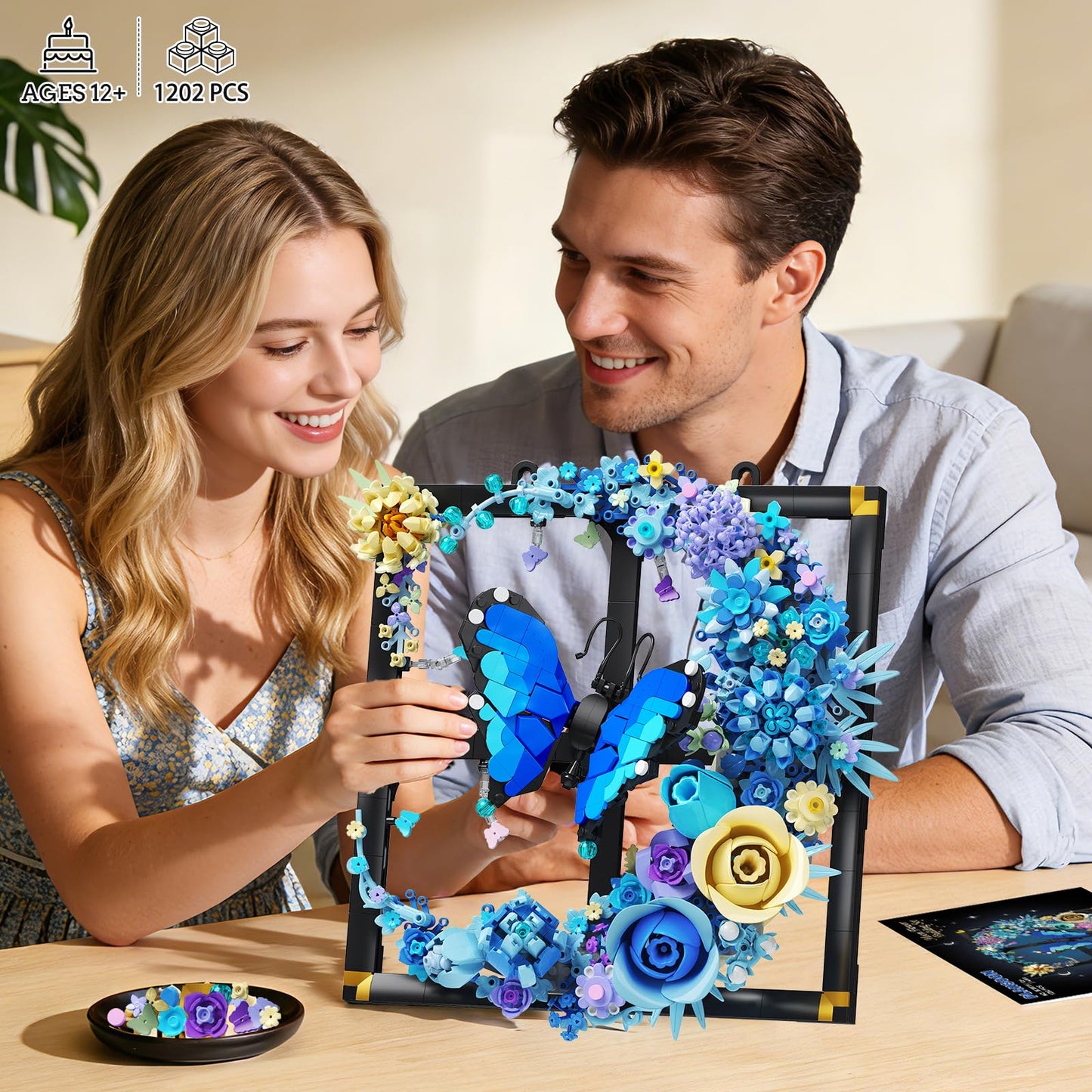 PLAXSOON Moon Flower Building Set with Lights, 1202 PCS Wall Botanical Flowers Building Block Kit with Butterfly, Floral Plant Office Home Decor for Her Adults Women Boys Girls 12+