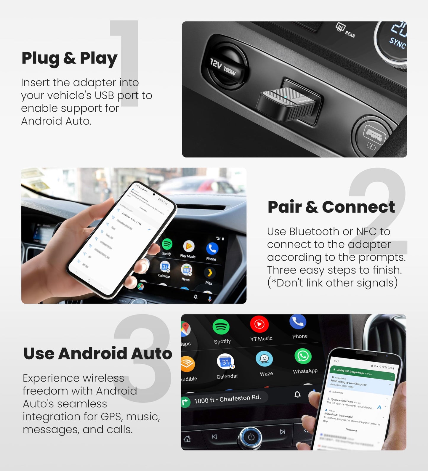 ByteWave Android Auto Wireless Adapter, 2025 NFC & Bluetooth 5.3 Convert Wired to Wireless Android Auto Car Dongle | No Latency, Dual-Band WiFi, USB-A/Type-C, Plug & Play, Mini | Fits for 2016+ Cars