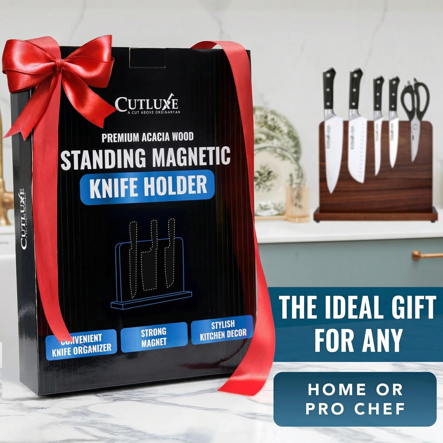 Cutluxe Magnetic Knife Block - Double Sided Acacia Wood Knife Holder, Strong Magnetic Strips, Universal Fit Knife Storage Stand