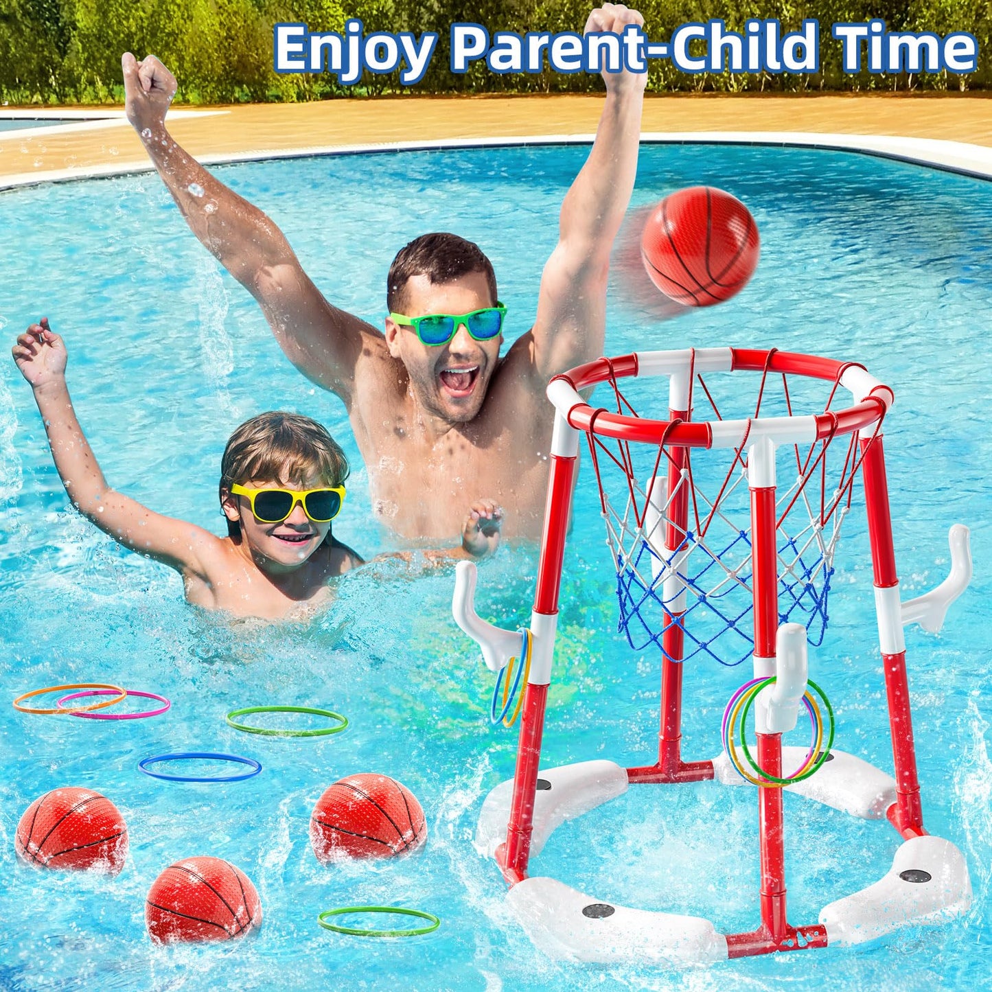 JUKUDAHU - Pool Basketball Hoop Toy for 2 3 4 5 6 Year Old Boys Floating Basketball Toy with 4 Air Pump Balls Outdoor Play Summer Water