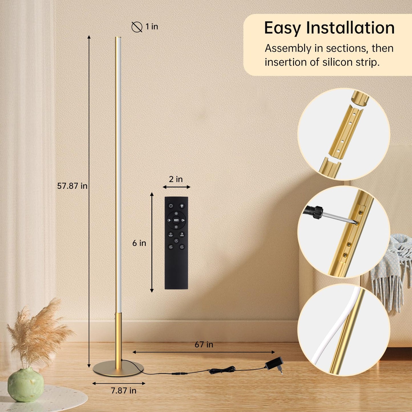 Marlrin Minimalist Corner Floor Lamp 2700K-6500K Dimmable with Remote Control 57.8" Height Metal Slim Ambient Standing LED Light Modern Design Decorative Lamp for Living Room Bedroom (Gold)