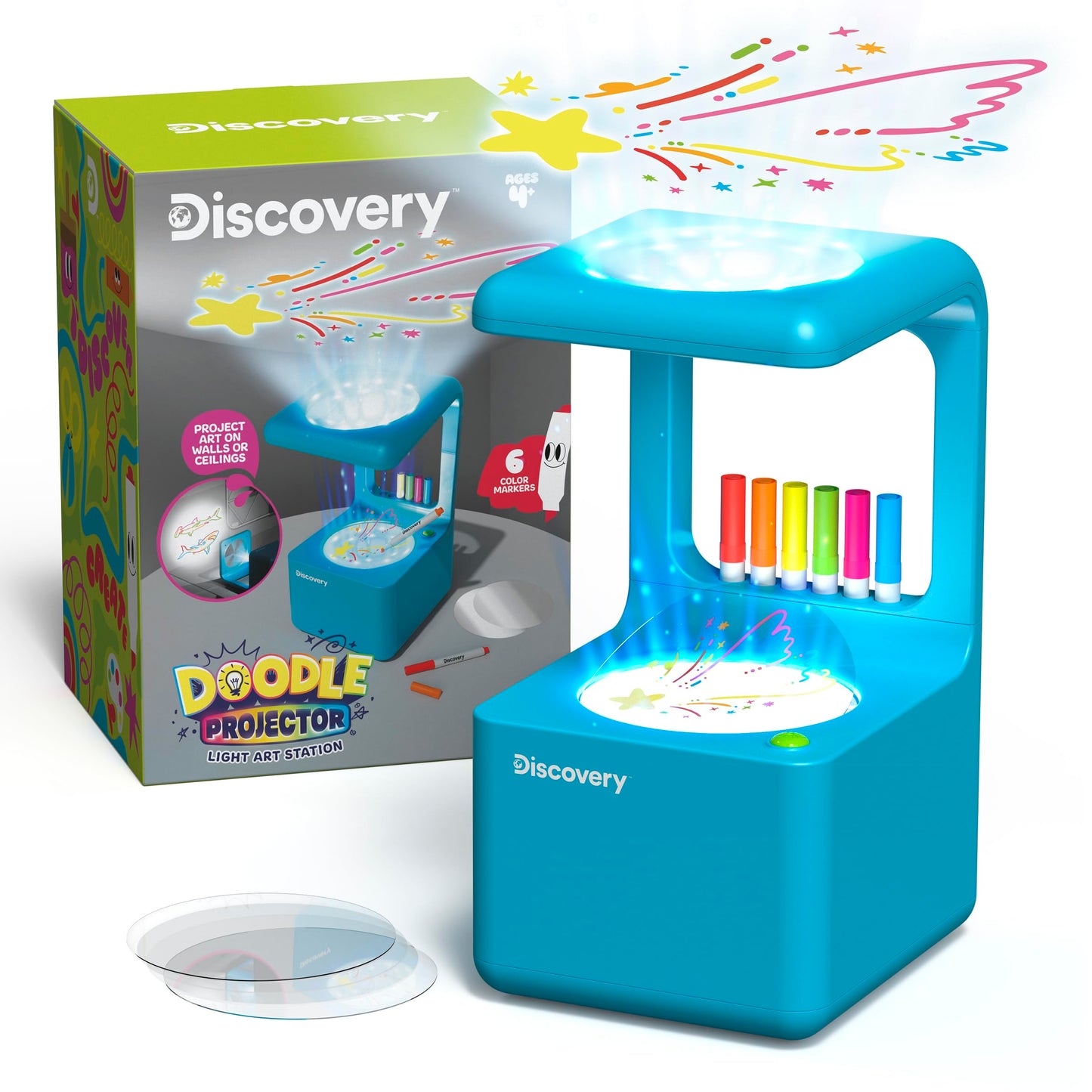 Discovery Doodle Projector Light Art Station, Includes 6 Markers, 10 Reusable Drawing Discs, Projects Art on Walls & Ceilings