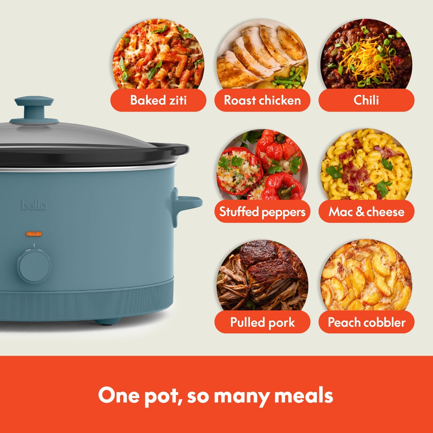 bella 6.0 Qt Manual Slow Cooker, Ceramic Nonstick Coating, 3 Temperature Settings, Dishwasher Safe Stoneware Pot and Tempered Glass Lid, Cool Touch Handles & Tangle Free Cord Wrap, Surf