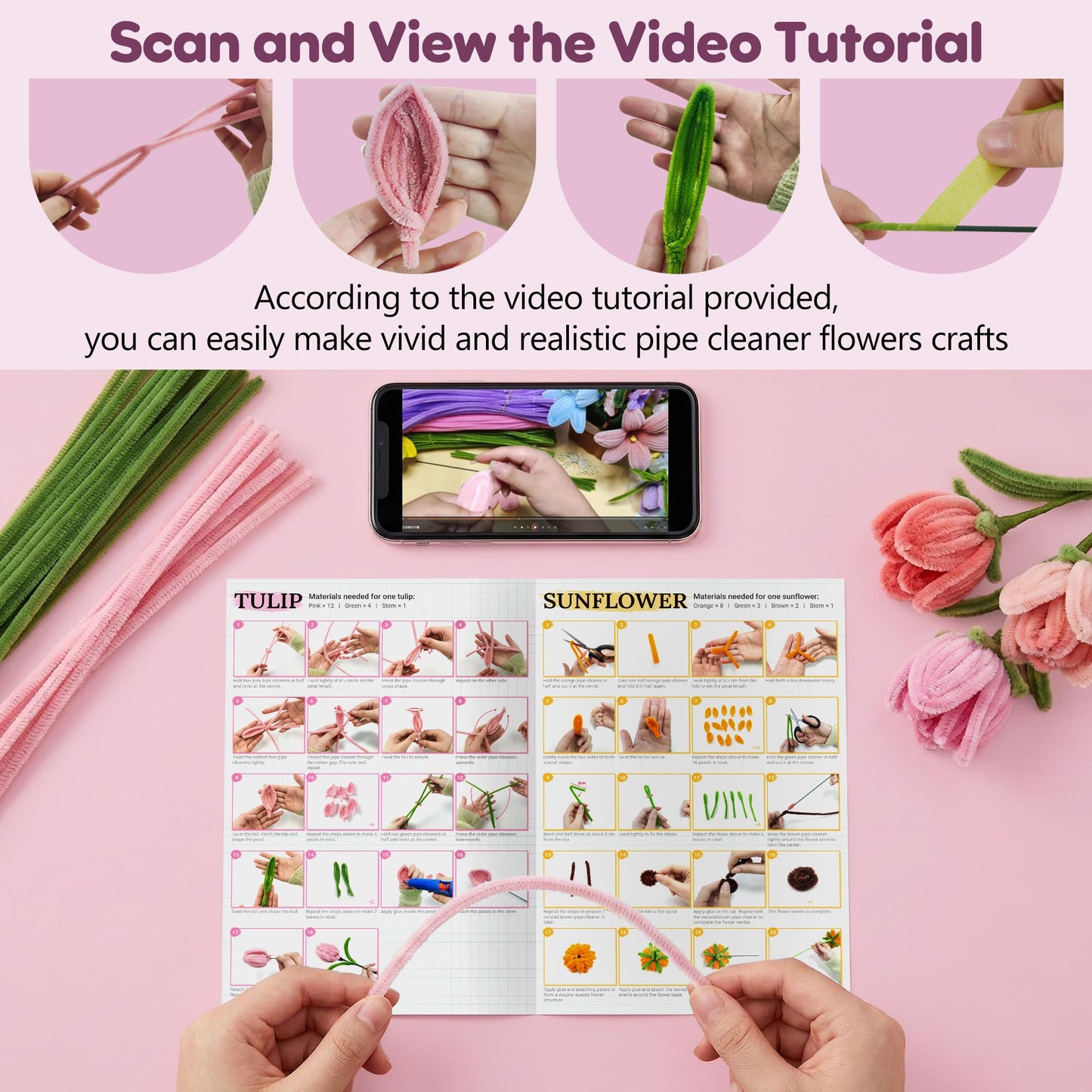 EARLY MINDS 800Pcs Pipe Cleaner Flower Bouquet Kit, 8 Colors Romantic Pink Chenille Stems Craft Set with Floral Tape, Flower Stems, Gift Wrap & More, DIY Bouquet Gift for Adults