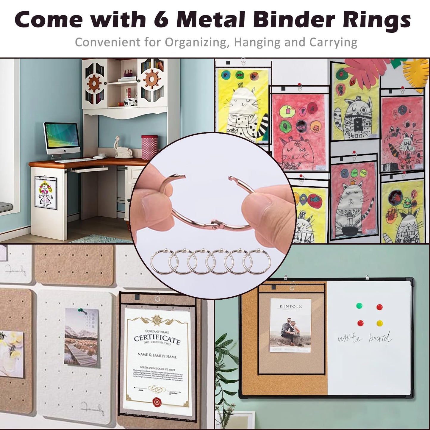 100 Packs Dry-Erase Pockets Bulk Oversized Reusable Dry Erase Pocket Sleeves with 6 Rings, 10x14 Black Ticket Holders, Clear Plastic Sheet Protectors, Teacher School Classroom Supplies