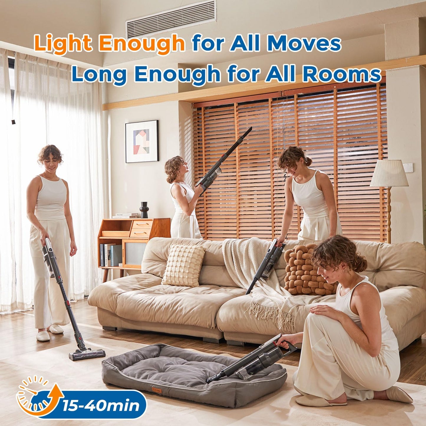 RONEAIR Cordless Vacuum Cleaner Ultra-Lightweight, Pet Vacuum Cleaners for Home with Powerful Suction, Stick Vacuum Cordless Rechargeable, Household Vacuum for Hardwood Floor, Carpet, Pet Hair, Car