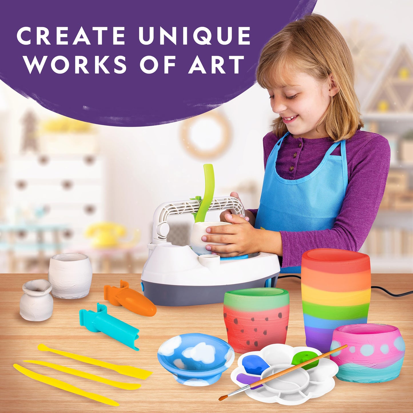 NATIONAL GEOGRAPHIC Kid’s Pottery Wheel – Complete Pottery Kit for Beginners, Electric Motor, 2 lb Air Dry Clay, Sculpting Clay Tools, Patented Integrated Arm, Apron & More, Great Craft Kit for Kids