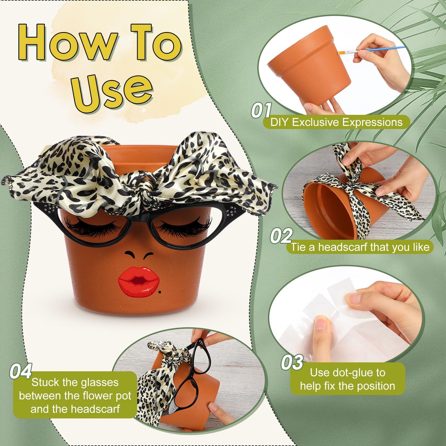 Sliner 6 Set Funny Flower Pot Kit Cute Flower Growing Making Kit Soul Sister Face Head Planter Set Include 5.5" Plastic Plant Pots Glasses Silk Scarf Acrylic Paint for Art Painting DIY Crafts