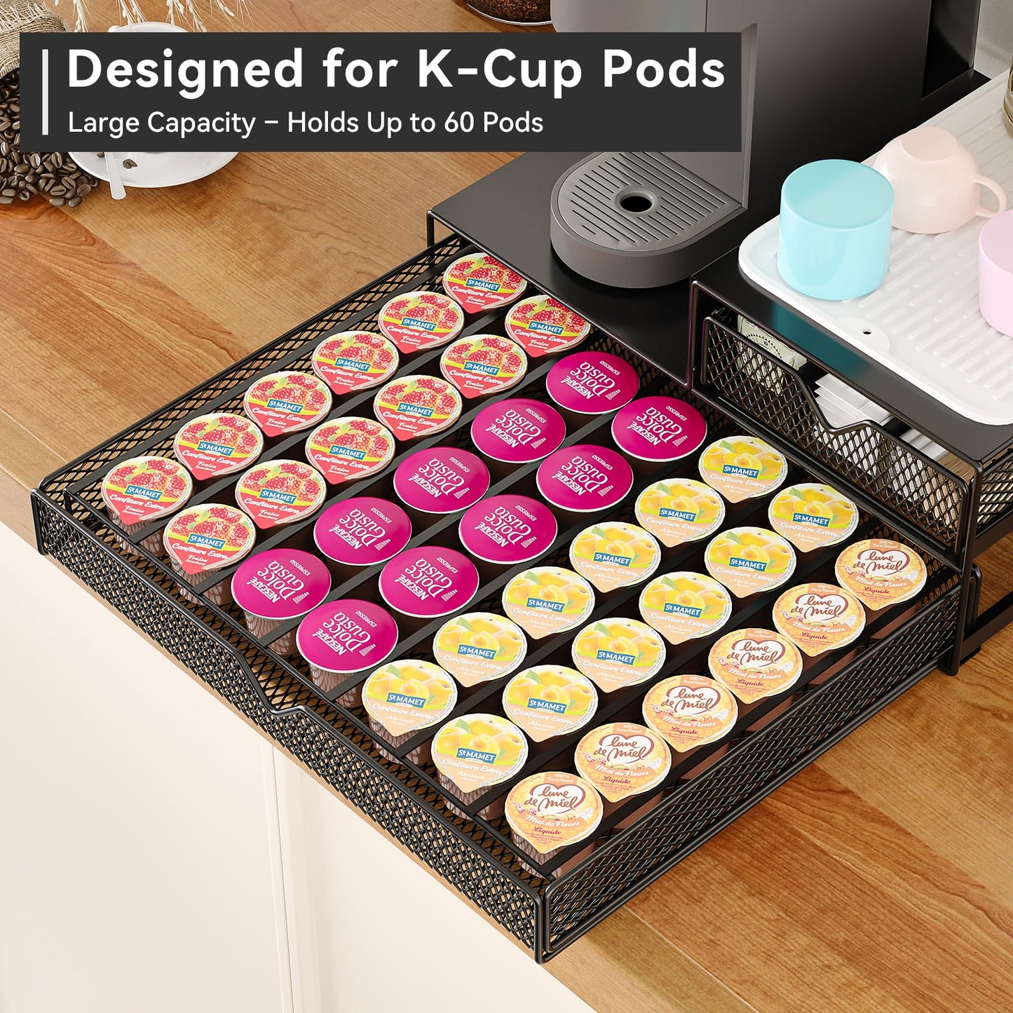 K Cup Organizer for Coffee Station - Sturdy Machine Base 60 Coffee Pod Storage Drawer, Non-Sagging Stand Compatible with Keurig K-Cup Pods, Anti-Vibration, No Assembly (Black)