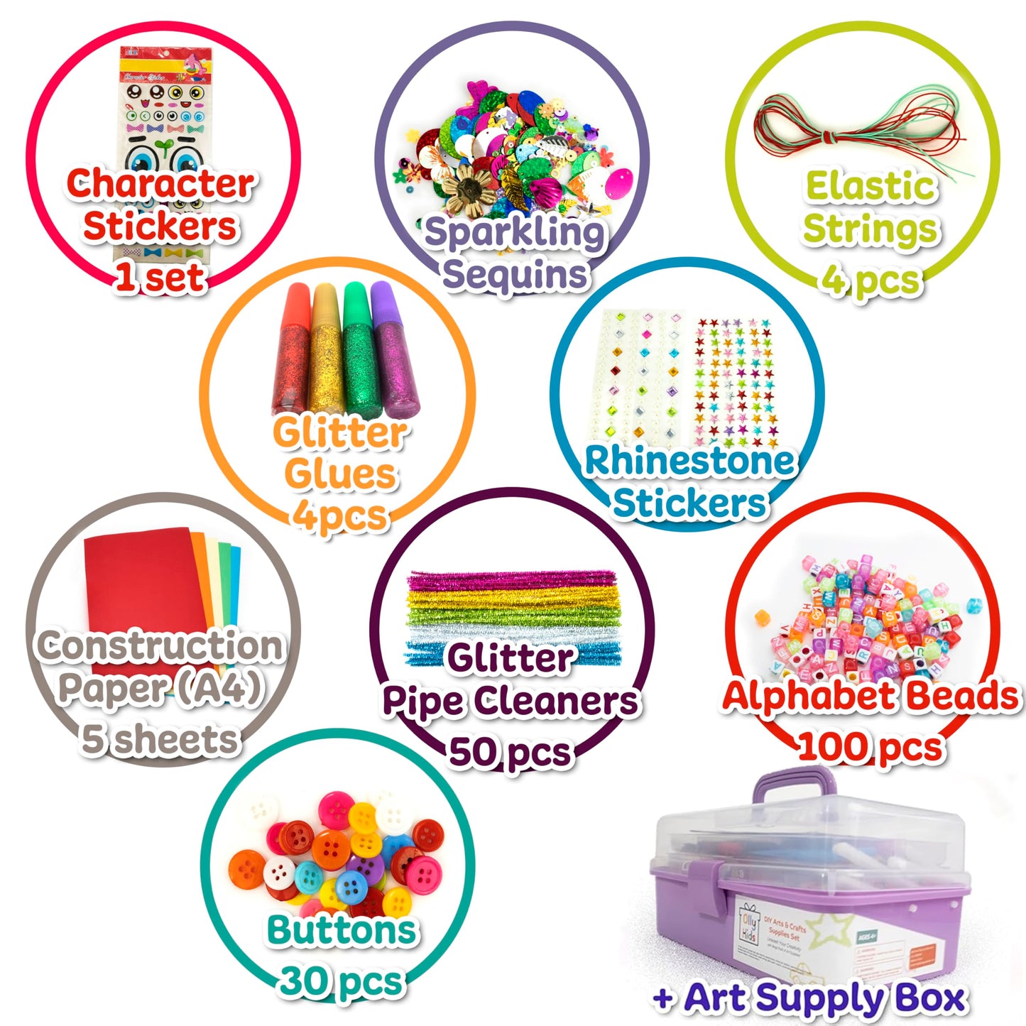 Olly Kids Arts and Crafts Supplies Set- 1000+ Pieces Giftable Craft Box for Kids: DIY Craft Supplies for Toddlers, School Project, and Homeschool
