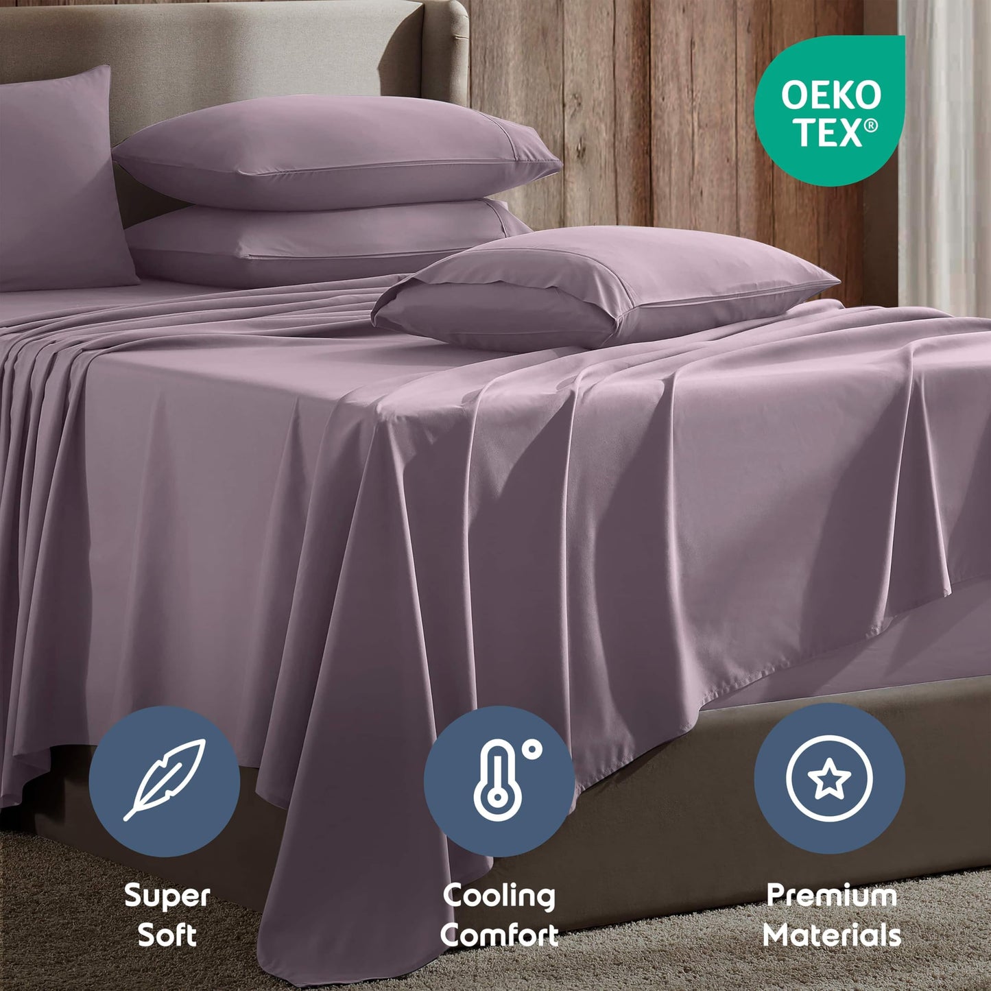 Hearth & Harbor Extra Deep Pocket Sheet Sets, Luxury Soft 6 Piece Bed Sheet Set Fits Mattress 18-24 Inches - King, Dusty Purple