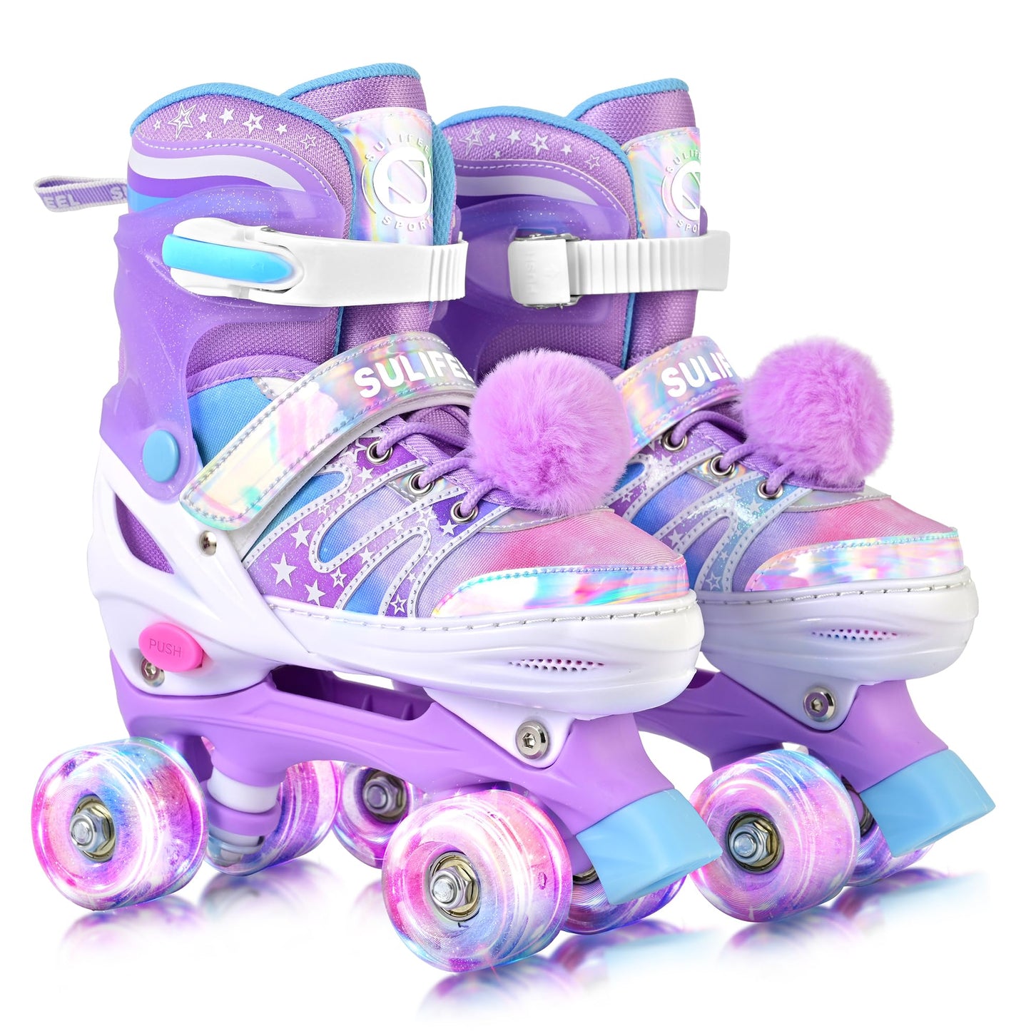 SULIFEEL Rainbow Tie-Dye Adjustable Roller Skates for Girls Kids Ages 3-5 5-8 6-12 Pink Purple Light Up Skate with Fluffy Pom Poms Triple Protection for Indoor Outdoor Skating