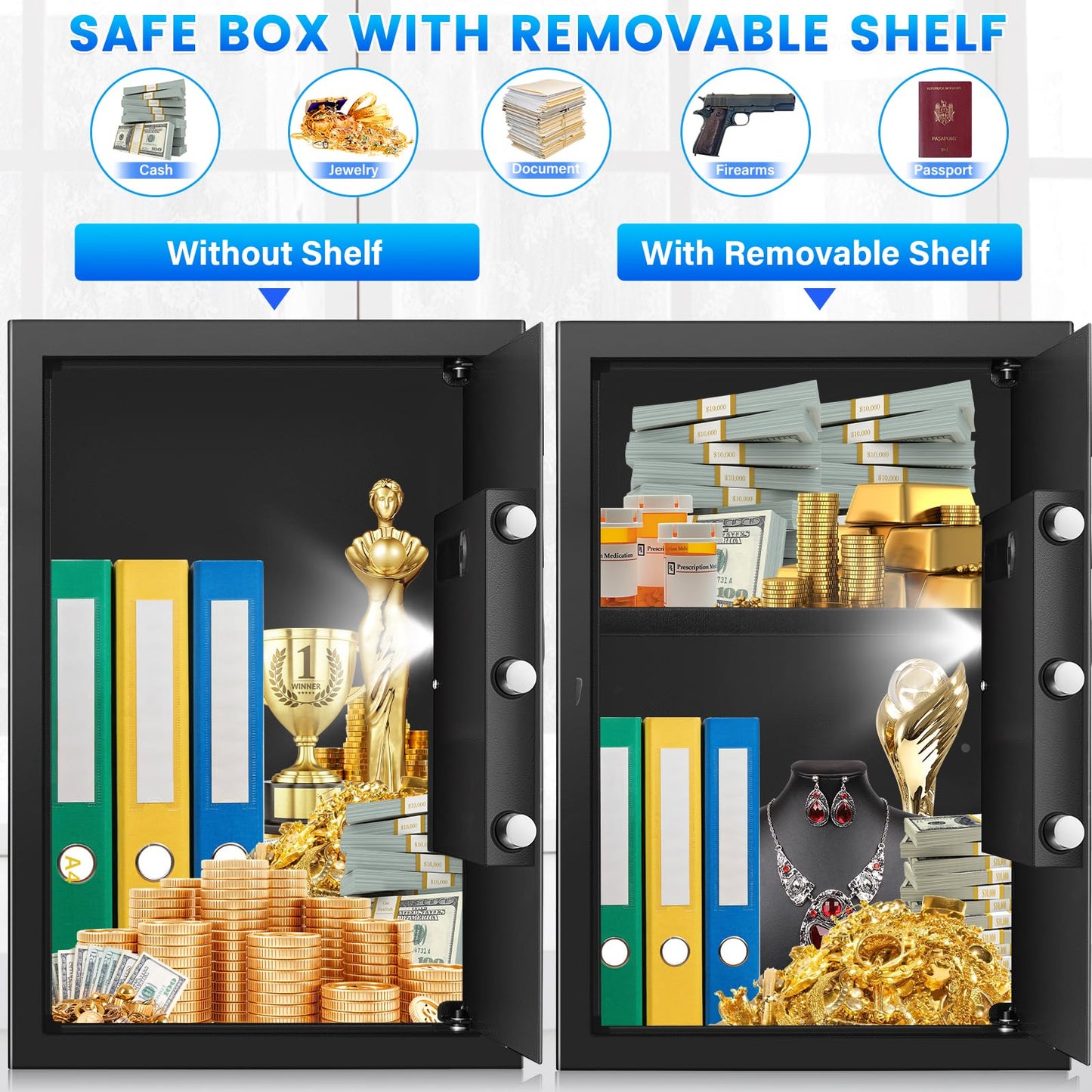 3.3 Cuft Safe Box, Home Safe with Fireproof Waterproof Bag, Anti-Theft Digital Security Lock Box with Smart Alert System, Removable Shelf, Mute Function, Personal Document Safes for Money Jewelry