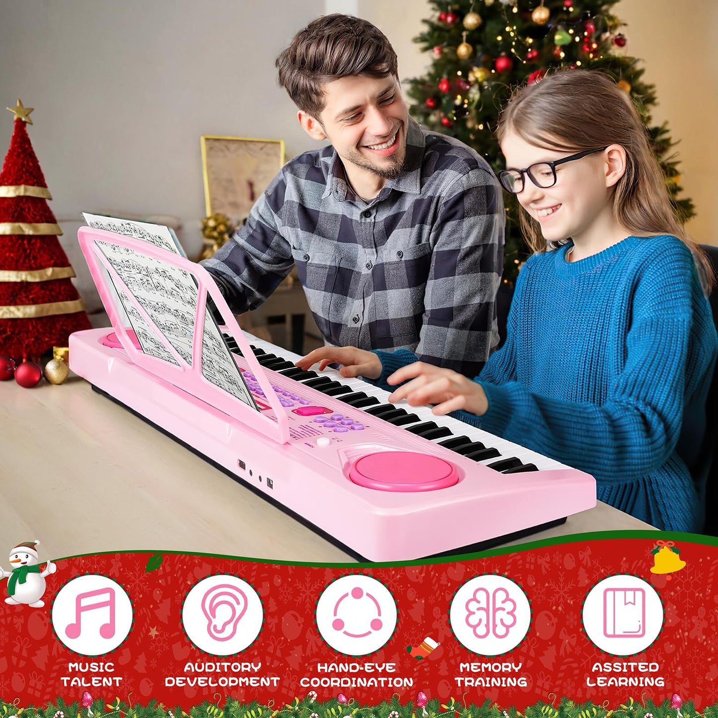WOSTOO Kids Keyboard Piano, Portable 61 Keys Keyboard Electronic Digital Piano, Early Learning Educational Musical Piano Toy Keyboard for Beginners with Music Stand, Microphone (Pink) ﻿