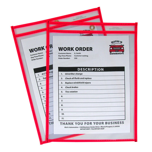 C-Line Neon Stitched Shop Ticket Holders, Red, Both Sides Clear, 9 x 12 Inches, 15 per Box (43914)
