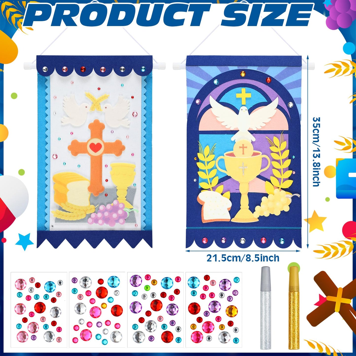 HunnmingRe 4 Set First Communion Banner Kits for Boys Girls 9 x 14 Inch First Holy Communion Banner Kits Sunday School DIY Arts and Crafts Kit for Boys Baptism Church Decoration Holy Ceremony
