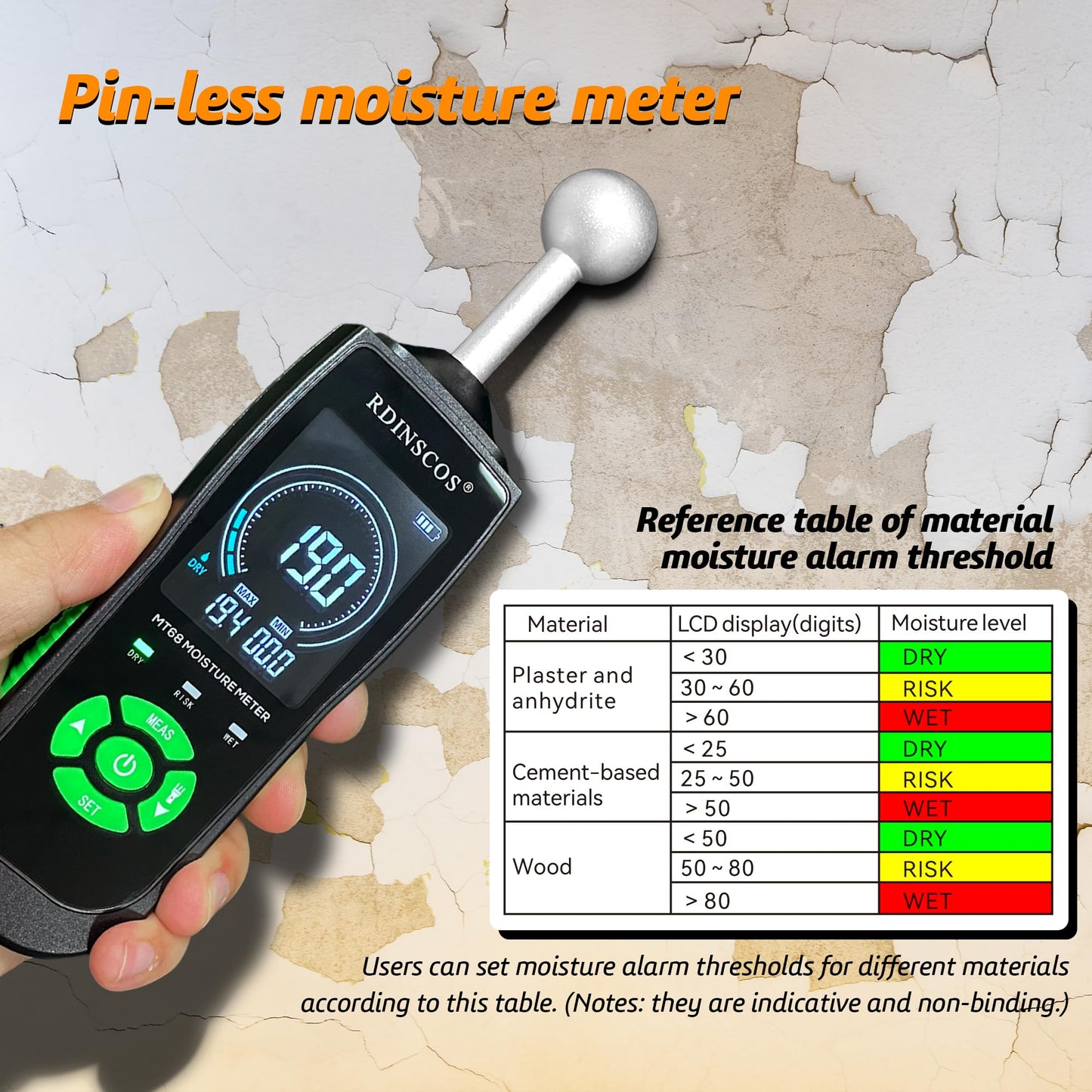 Moisture Meter for Drywall, Wood Moisture Meters for Walls, Firewood Floor Humidity Detector Lumber Humidity Tester Paper Cerimic Ceiling Firewood Cardboard Humidity Building Material