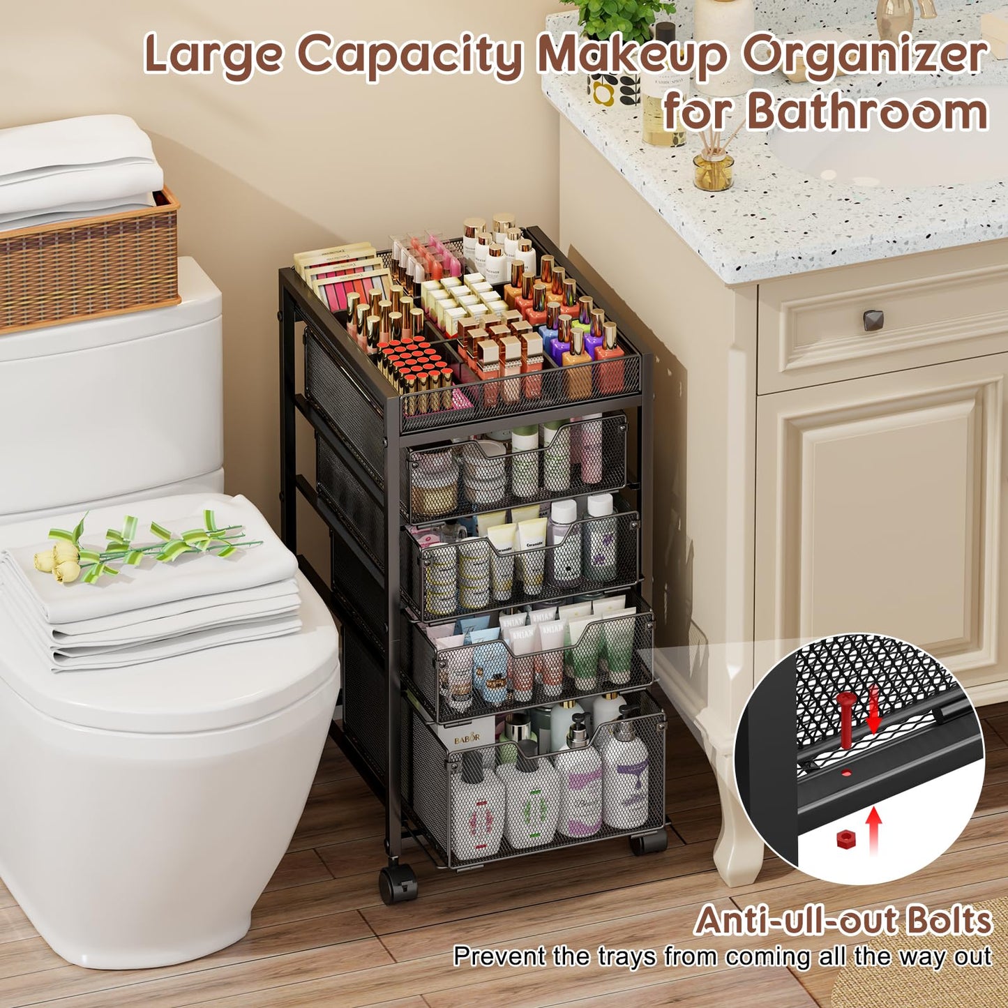 5-Tier Rolling Makeup Cart Organizer with 4 Drawers, Cosmetics Display with Dividers, Floor Skincare Storage with Wheels, Versatile Vanity Organizer for Nail Polish Perfume Brush Hair Tool, Black