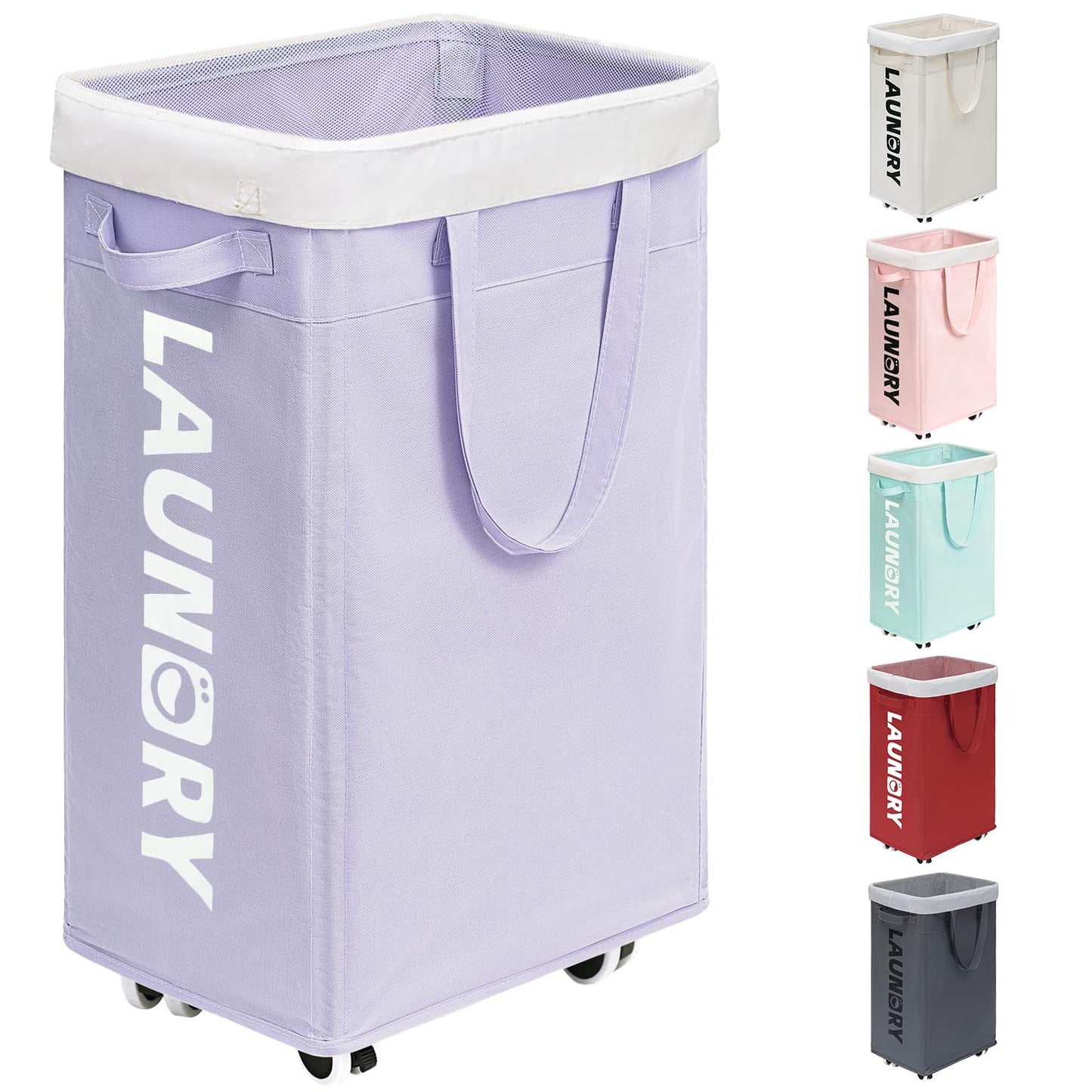 Goodpick Laundry Basket with Wheels,75L Collapsible Laundry Baskets with Removable Wash Bag, Clothes Laundry Hamper on Wheels, Light Purple