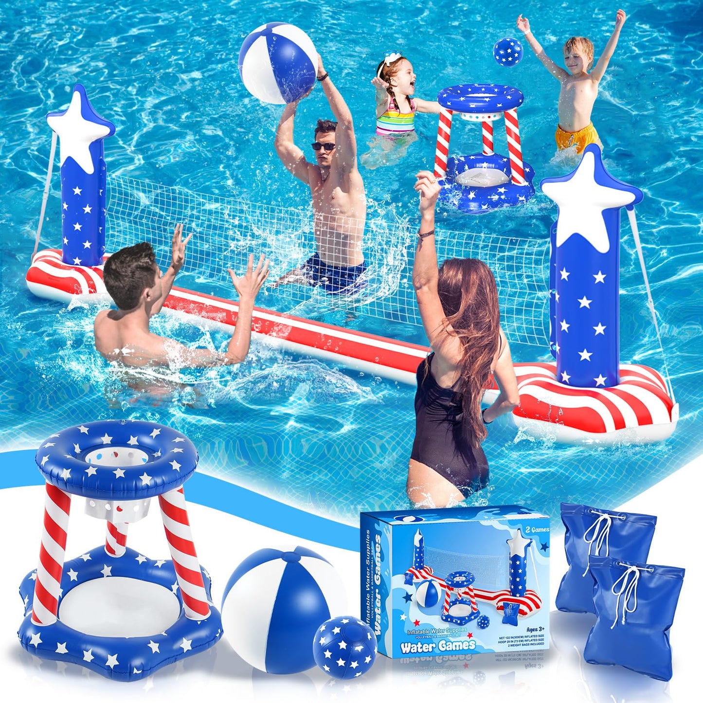 Inflatable Pool Volleyball Net Basketball Hoop 120 Inch Large PVC Pool Volleyball Court Toys Set with 2 Balls and 2 Weight Bags Summer Water Floats