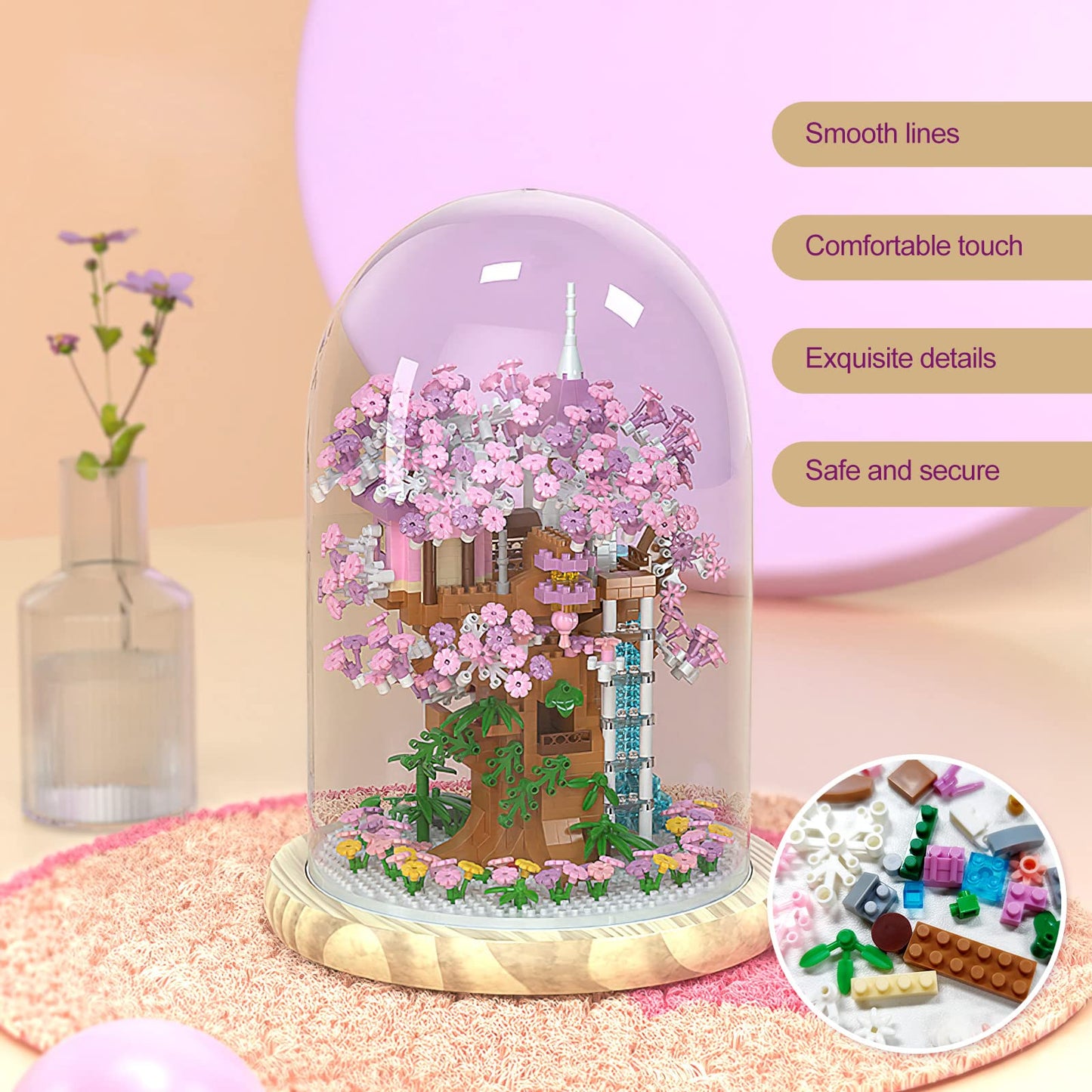 Insgen Cherry Blossom Bonsai Tree House Building Flowers Set for Adults, 1382 Pcs Micro-Particle Ideas Sakura Tree Building Blocks, Complete with String Lights, Dust Cover, and Wooden Base