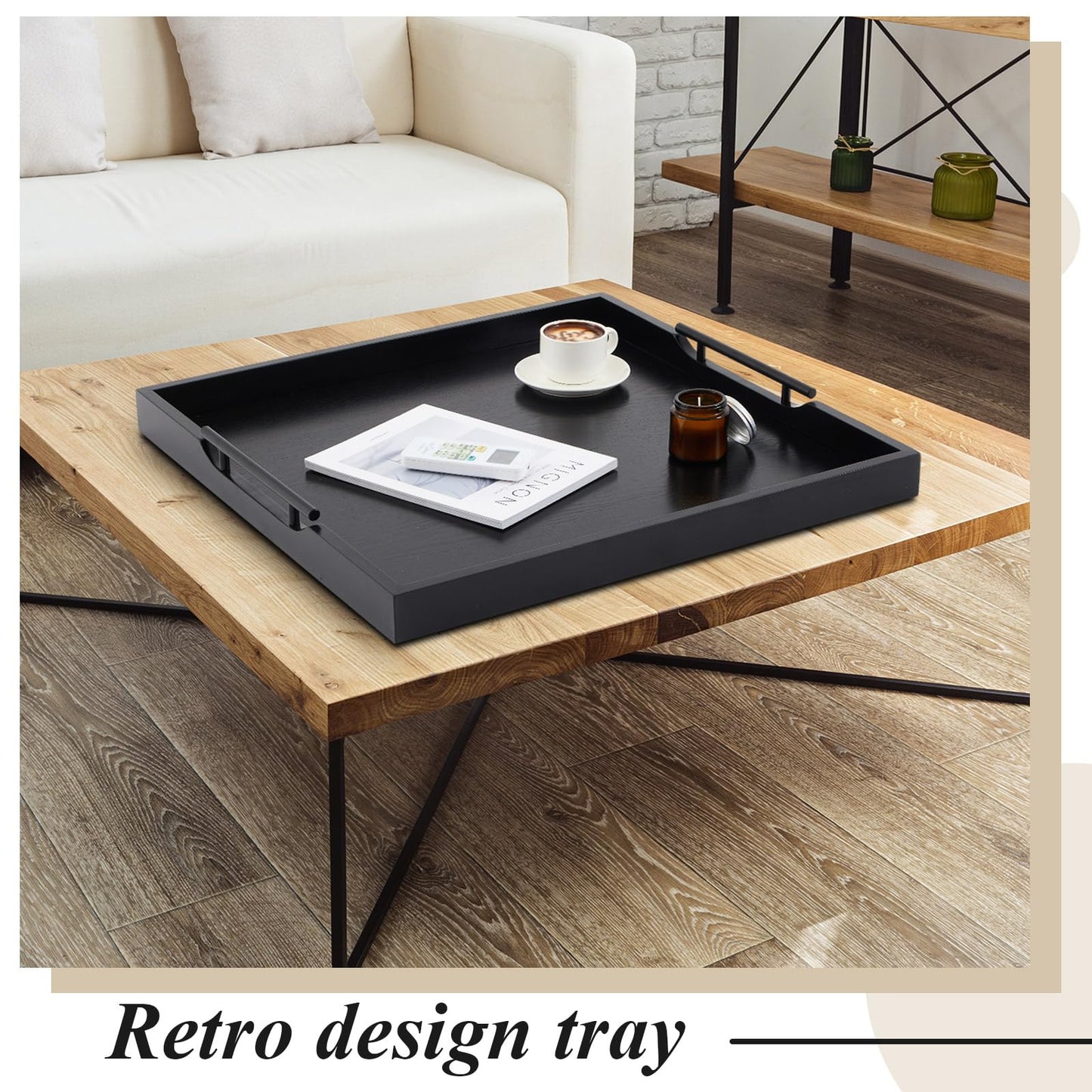 Remagr Large Square Ottoman Tray 24 x 24 x 2 Inch Wood Serving Tray with 4 Coasters and Metal Handles for Food Coffee Tea Table Sofa Living Room Home Housewarming Gift(Black)