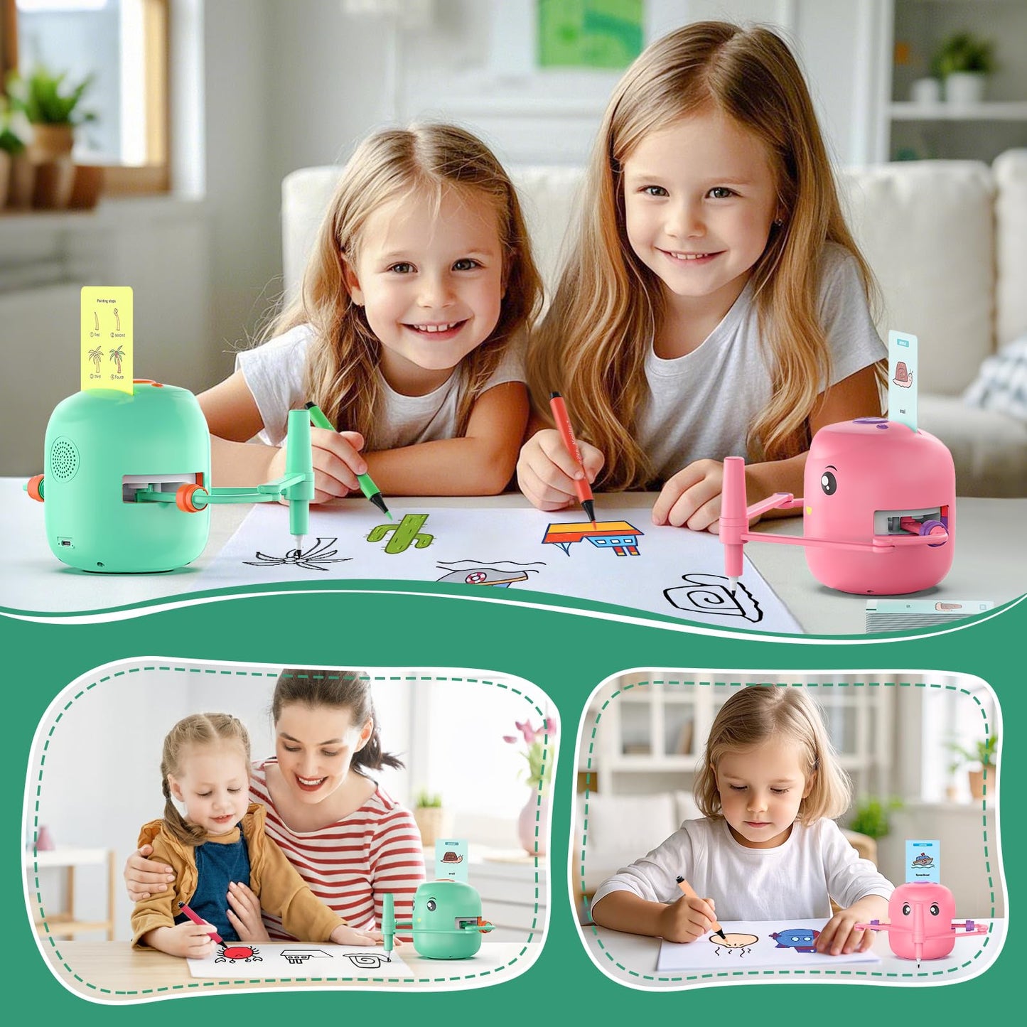 Interactive Educational Drawing Robot for Kids - Montessori Learning Toy with 150 Word Cards, Voice Interaction, Ages 5+ (Green)