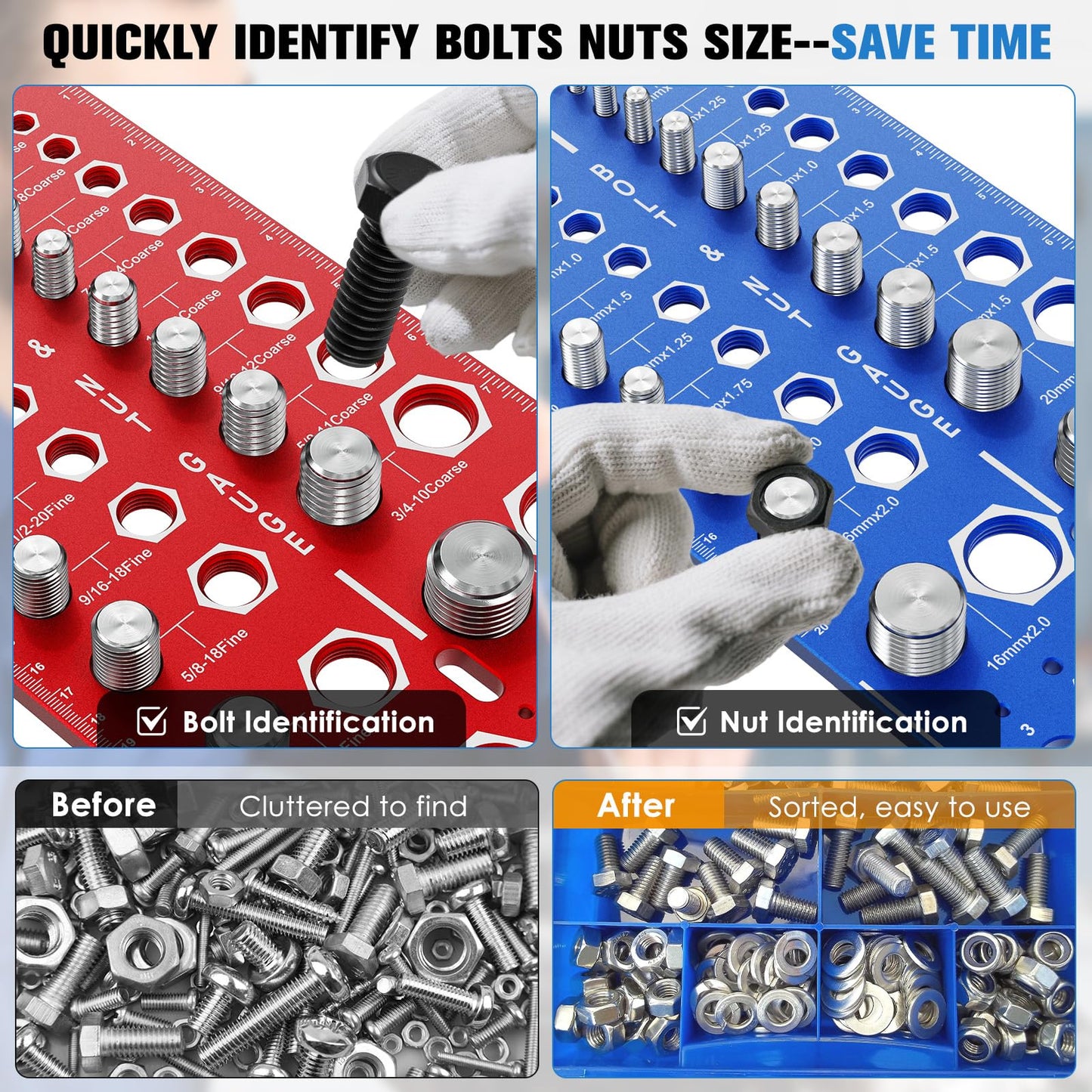 68 Nut and Bolt Thread Checker Standard and Metric, Screw Size and Thread Gauge with 26 SAE & 26 Metric & 16 Drill Bit Gauge, Bolt and Nut Identifier Gauge Bolt Size Finder for Quickly Identify