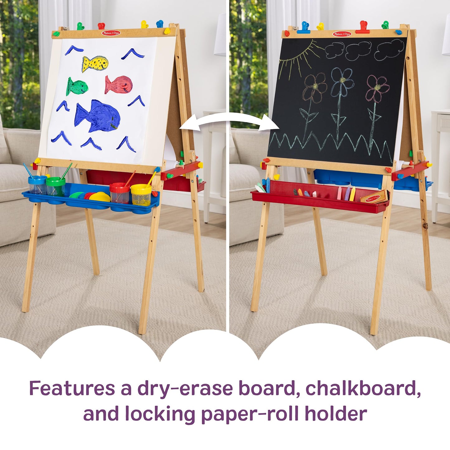 Melissa & Doug Deluxe Wooden Art Easel for Kids with Dry-Erase Board, Chalkboard & Drawing Paper Roller, Folding Double-Sided Toddler Easel, Preschool Learning Toys for Girls & Boys Ages 3