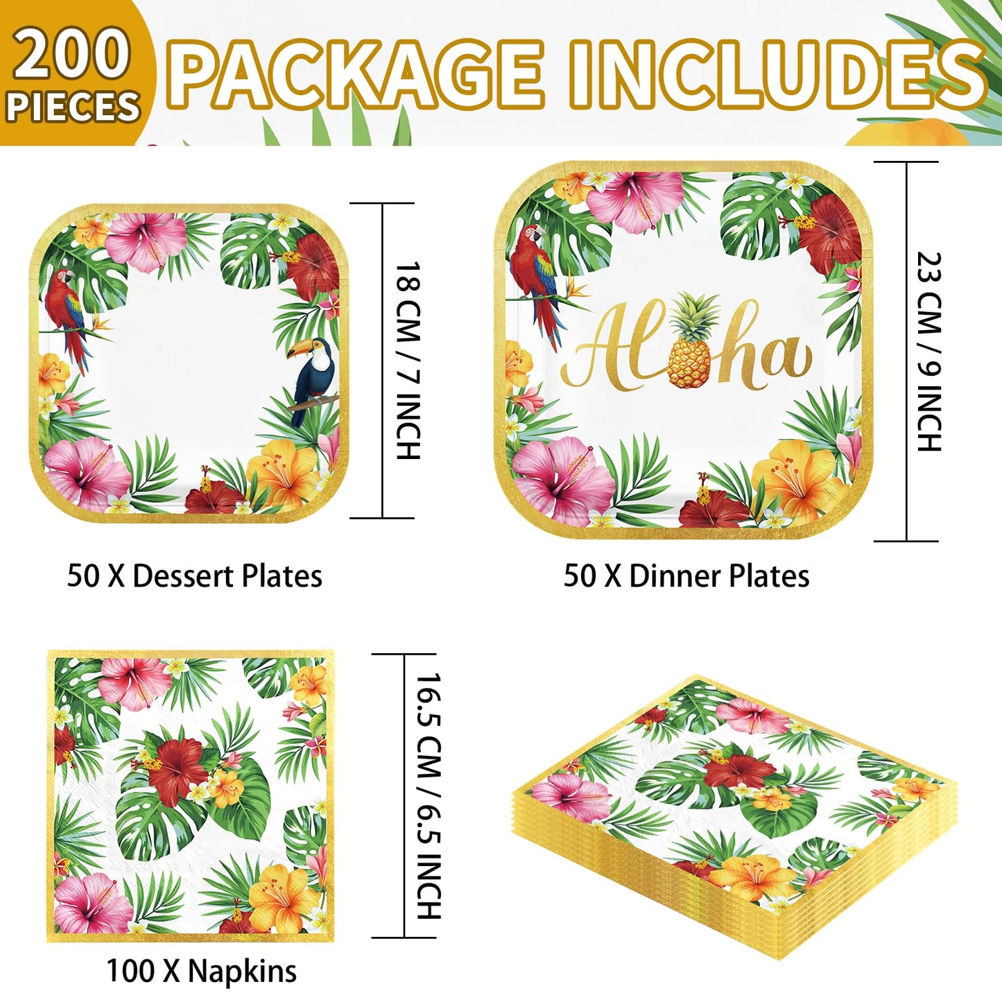 200Pcs Hawaiian Luau Party Decorations Aloha Tropical Hibiscus Floral Luau Plates and Napkins Hawaii Palm Leaf Tableware Set for Summer Hawaiian Graduation Birthday BBQ Beach Party Supplies Serve 50