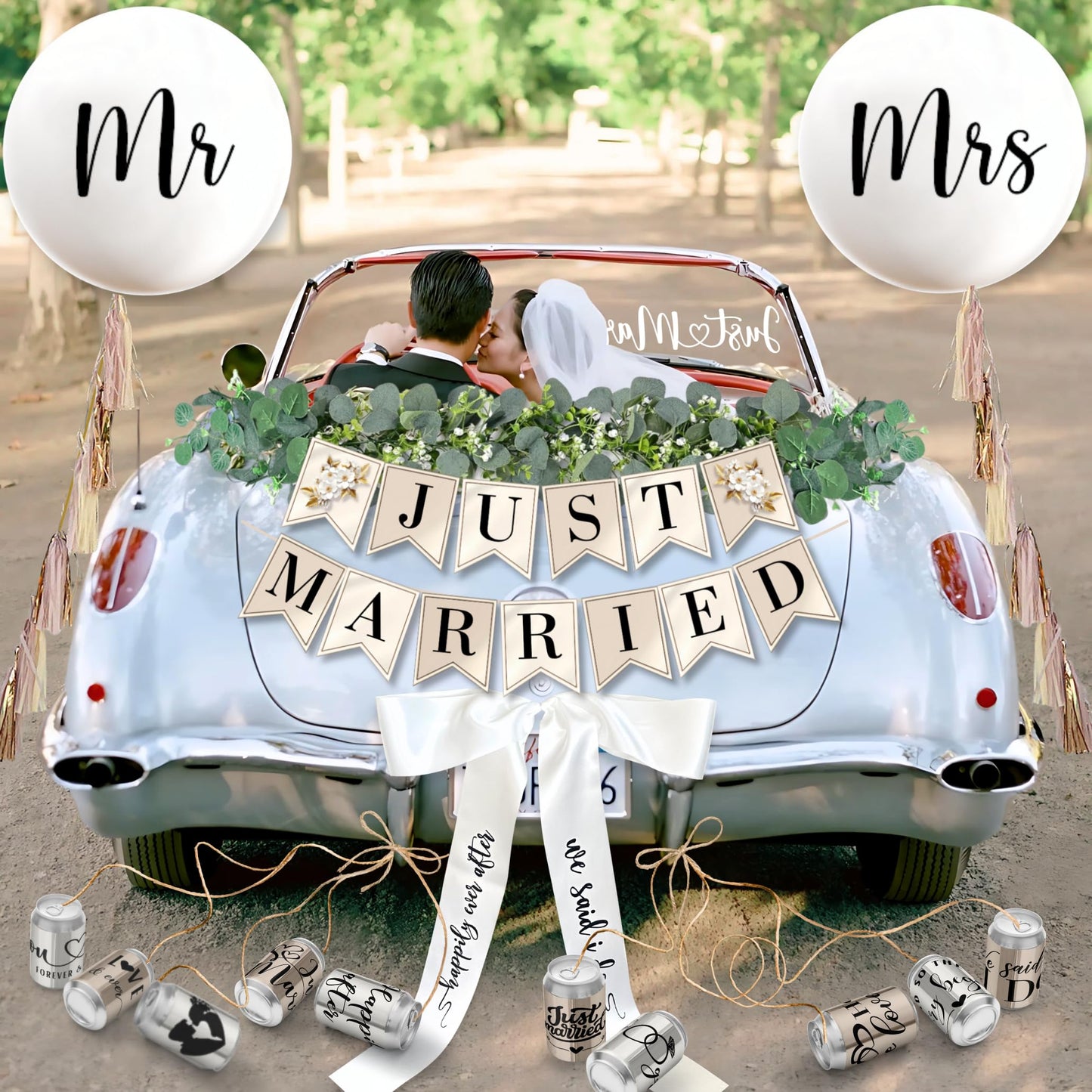 33 Pc Just Married Car Decorations – Wedding Reception & Ceremony Decor – Banners, Stickers & Balloons – Elegant Reusable Wedding Car Kit – Weather-Resistant & Easy to Apply – No Residue