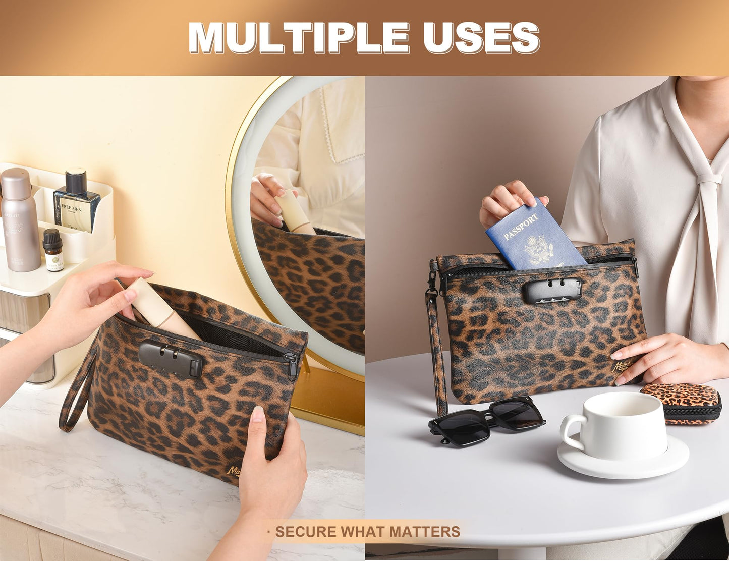 MAICHENG Storage Bag with Combination Lock and Accessories Travel Medicine Bag Container Money Cosmetic Organizer Great Christmas Gifts for Women Leopard
