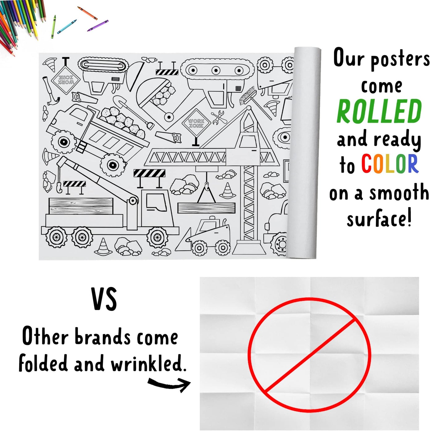 Tiny Expressions Giant Coloring Banner for Kids - Rolled, Not Creases - Coloring Table Cloth for Kids Activity - Construction Truck
