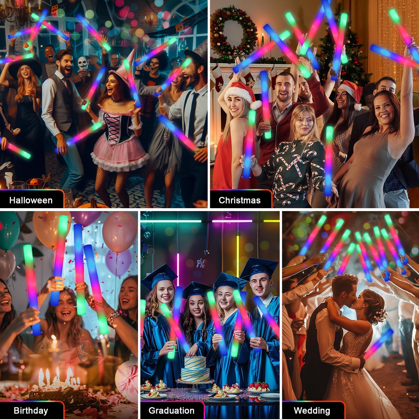 wellent 55 PCS Foam Glow Sticks, Foam Light Up Sticks Party Supplies with 3 Mode Colorful Flashing, Glow Sticks Bulk Party Pack, Led Foam Sticks for Birthday, Wedding, Halloween, Carnival, Concert