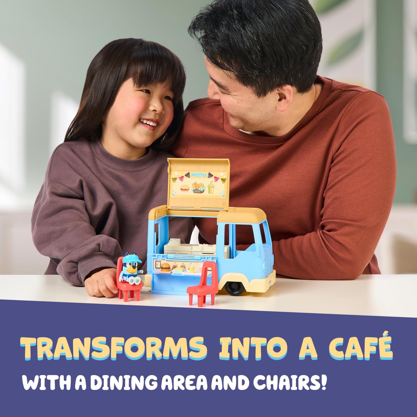 Bluey Transforming Food Truck Playset, Transforms Into a Café with Dining Area and Chairs. Includes Exclusive Bluey Figure Wearing Her Apron and Visor, 5 Accessories and Sticker Sheet